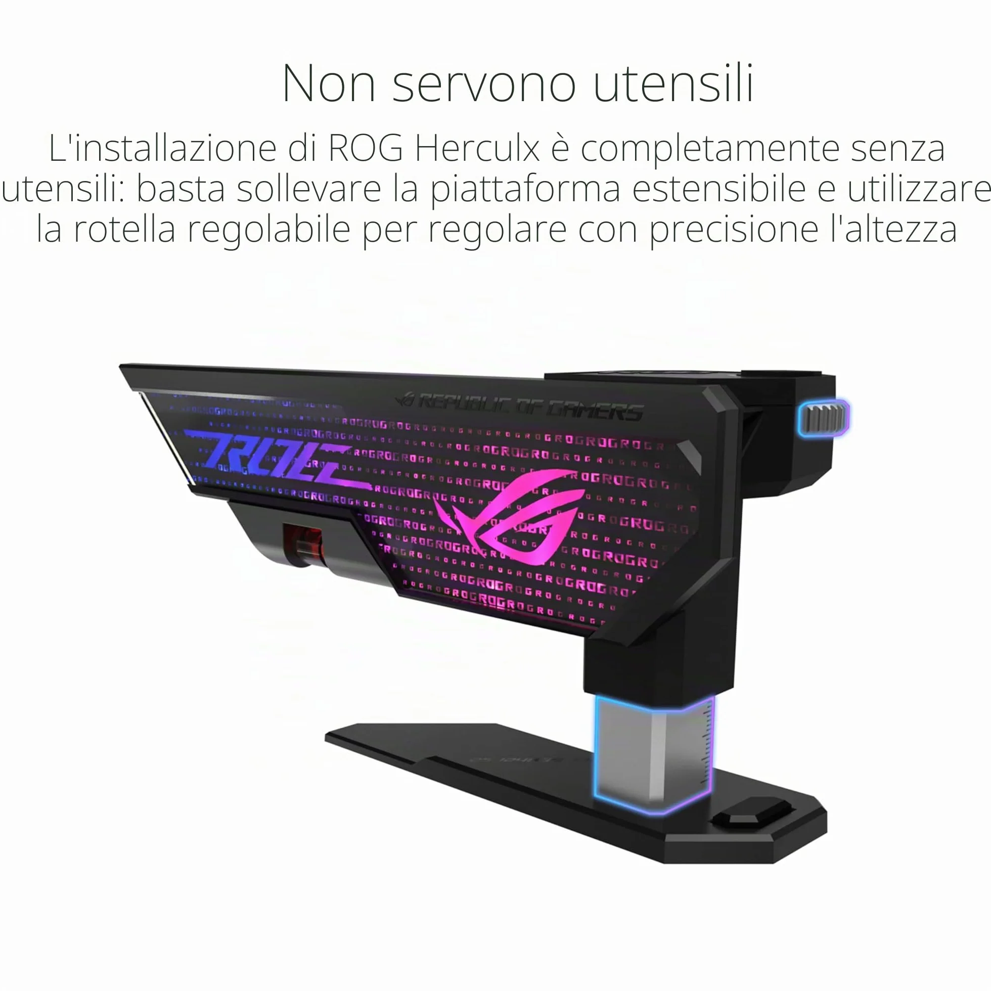 ASUS ROG Herculx Sostegno Per Scheda Grafica, Montaggio Senza Attrezzi, Comoda Livella Integrata, Struttura in Lega Di Zinco, Altezza Regolabile da 72 a 128mm, Aura Sync, Nero
