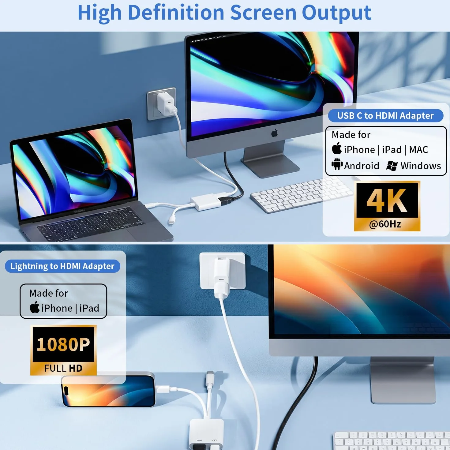 Adattatore USB-C e Lightning a HDMI per iPhone, MFi Lightning Digital AV Adapter per iPhone 14/13, 4K@60Hz 100W Adattatore USB-C a HDMI per i Phone 17/16/15/iPad/MacBook/Galaxy a TV/Monitor/Proiettore