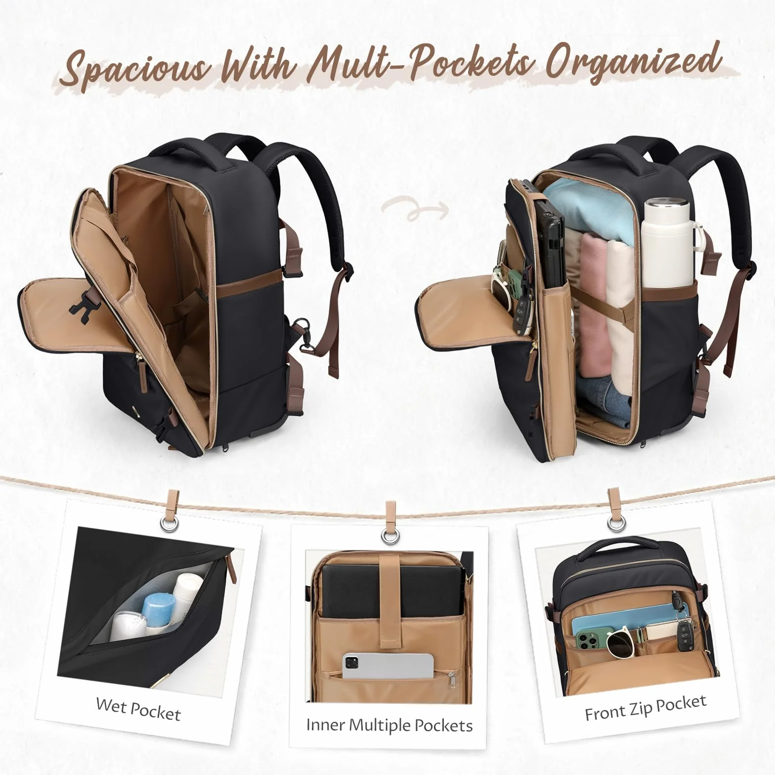 GOLF SUPAGS Zaino Trolley per PC Portatile da 17 Pollici, 32L Borsa da Viaggio con Ruote, Zaini Bagaglio a Mano con Maniglia Telescopica per Viaggio, Università, Affari (Nero)