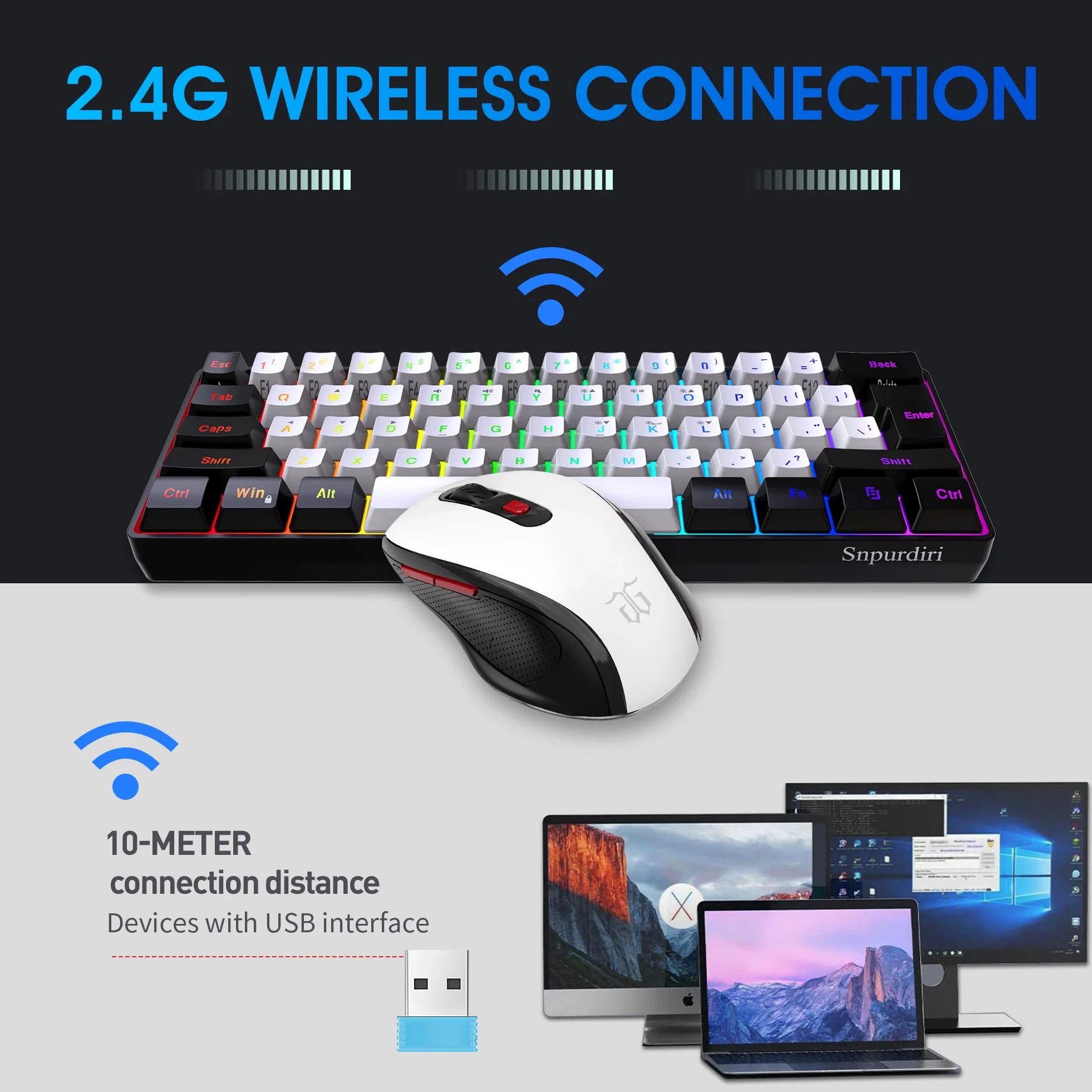 Snpurdiri 60% tastiera mouse senza fili, wireless Gaming Combo, include 2,4 G Small Mini 60% Merchanical Feel, design ergonomico Vertical Feel Mouse (Blackwhite)