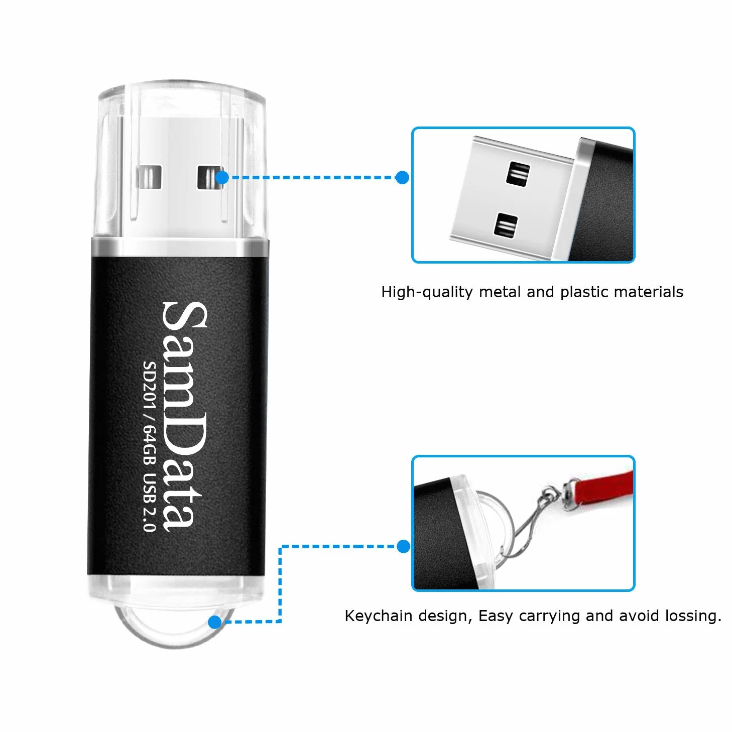 SamData Chiavetta USB da 64 GB, confezione da 5 unità USB 2.0, con indicatore LED, colore nero, confezione da 5