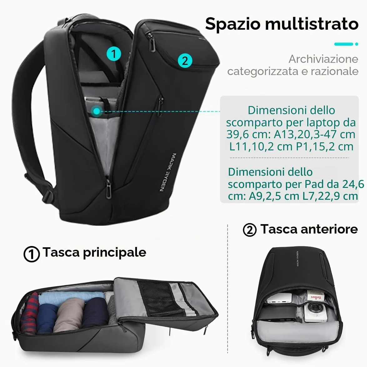 MARK RYDEN Zaino Grande capacità e impermeabile per gli uomini d'affari con porta di ricarica USB per i viaggi scolastici pack escursionismo per laptop sotto i 17,3 pollici