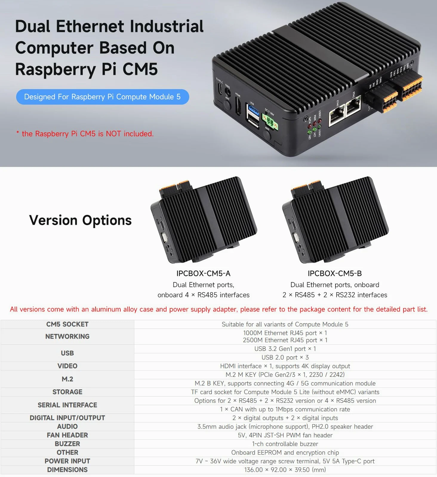 Waveshare IPCBOX-CM5-B(2xRS485 & 2xRS232), Gigabit/2.5G Dual Ethernet Industrial Computer Based On Raspberry Pi CM5(NOT Included), Support 4K Display Output and 4G/5G Module, For All Compute Module 5
