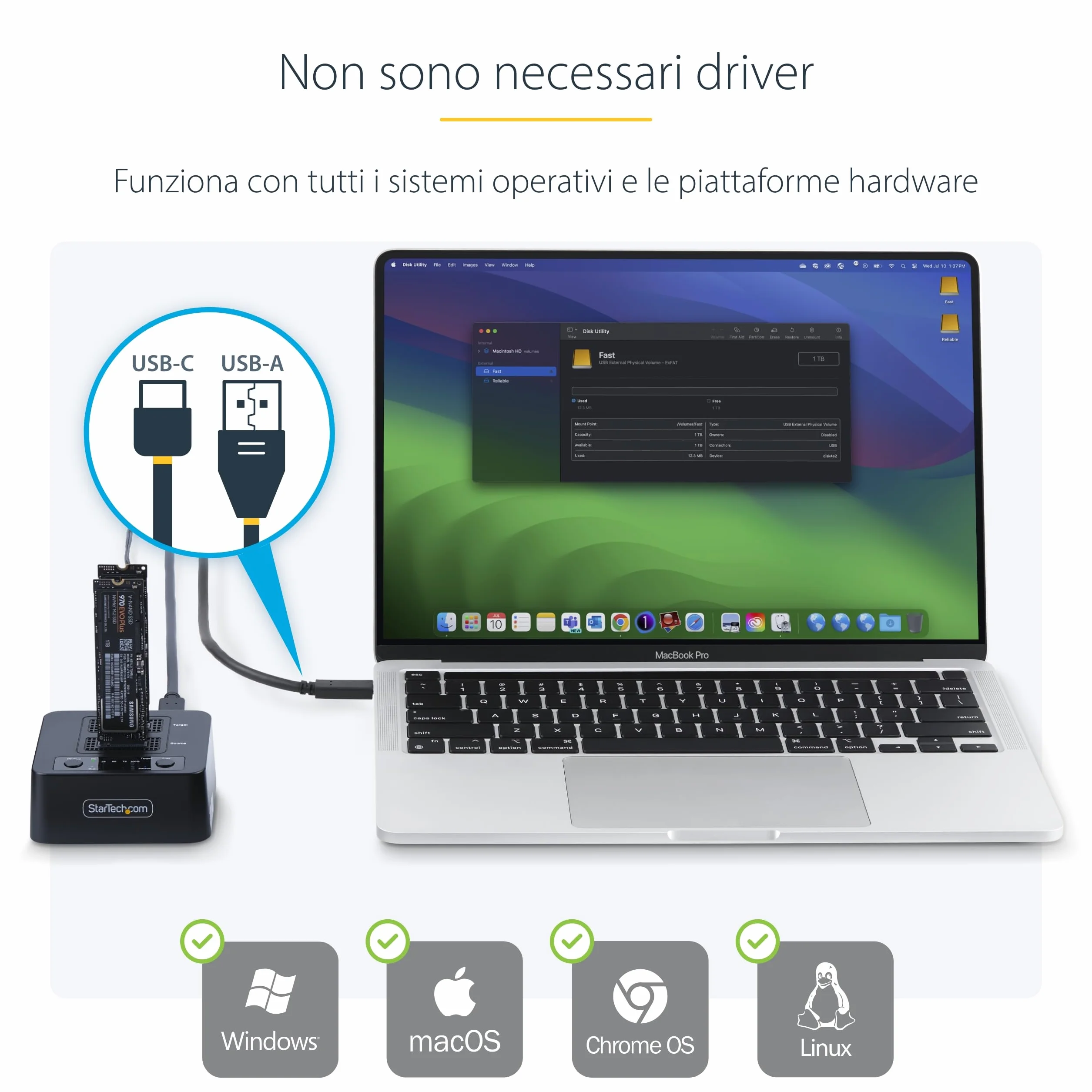 StarTech.com Duplicatore di unità M.2 NVMe 1:1 autonomo da 90 GBpm, docking station per 2 drive M.2, USB-C 3.2 20 Gbps