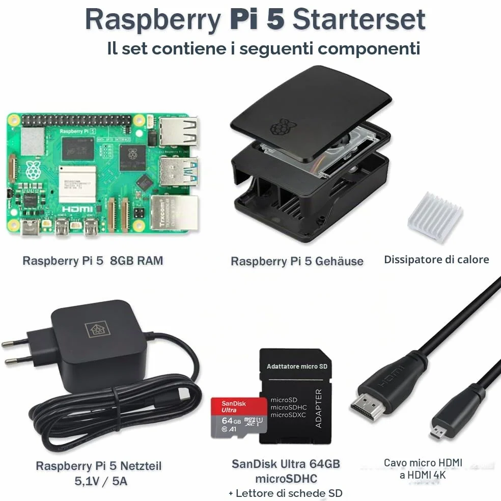 Raspberry Pi 5 8 GB Starter Kit nero | Alimentatore USB-C 45 W | Alloggiamento con ventola | Scheda SD Ultra 64 GB | Cavo Micro HDMI 4K | Dissipatore di calore | Raspberry Pi 5 8 GB RAM