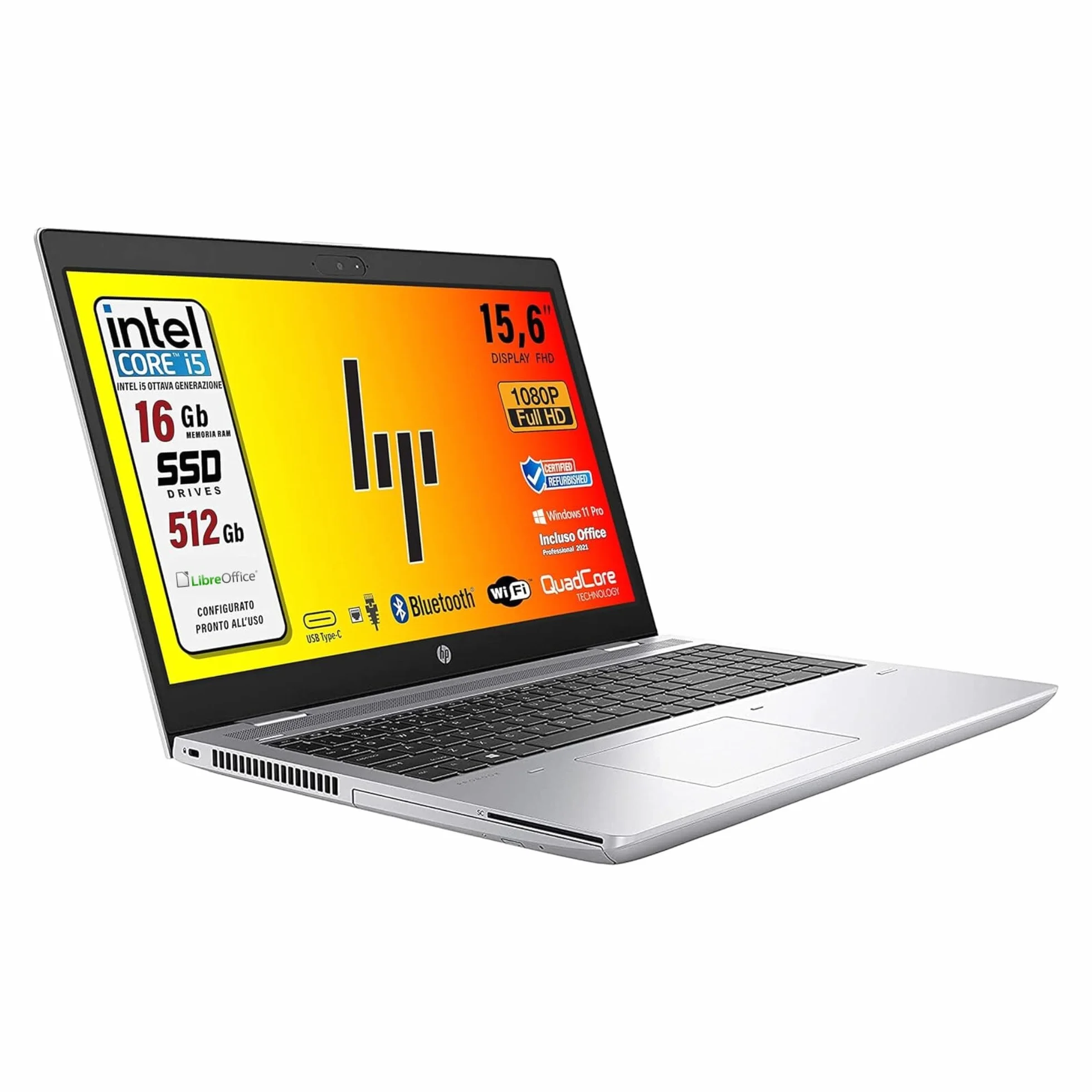 HP ProBook 650 G5 intel i5-8250U Intel Core i5 di 8 gen. 15.6" HD Libre Office, Ram 16GB SSD 512Gb, 3 x usb 3.0, 1 x HDMI, Wi-Fi, W11 (Ricondizionato)