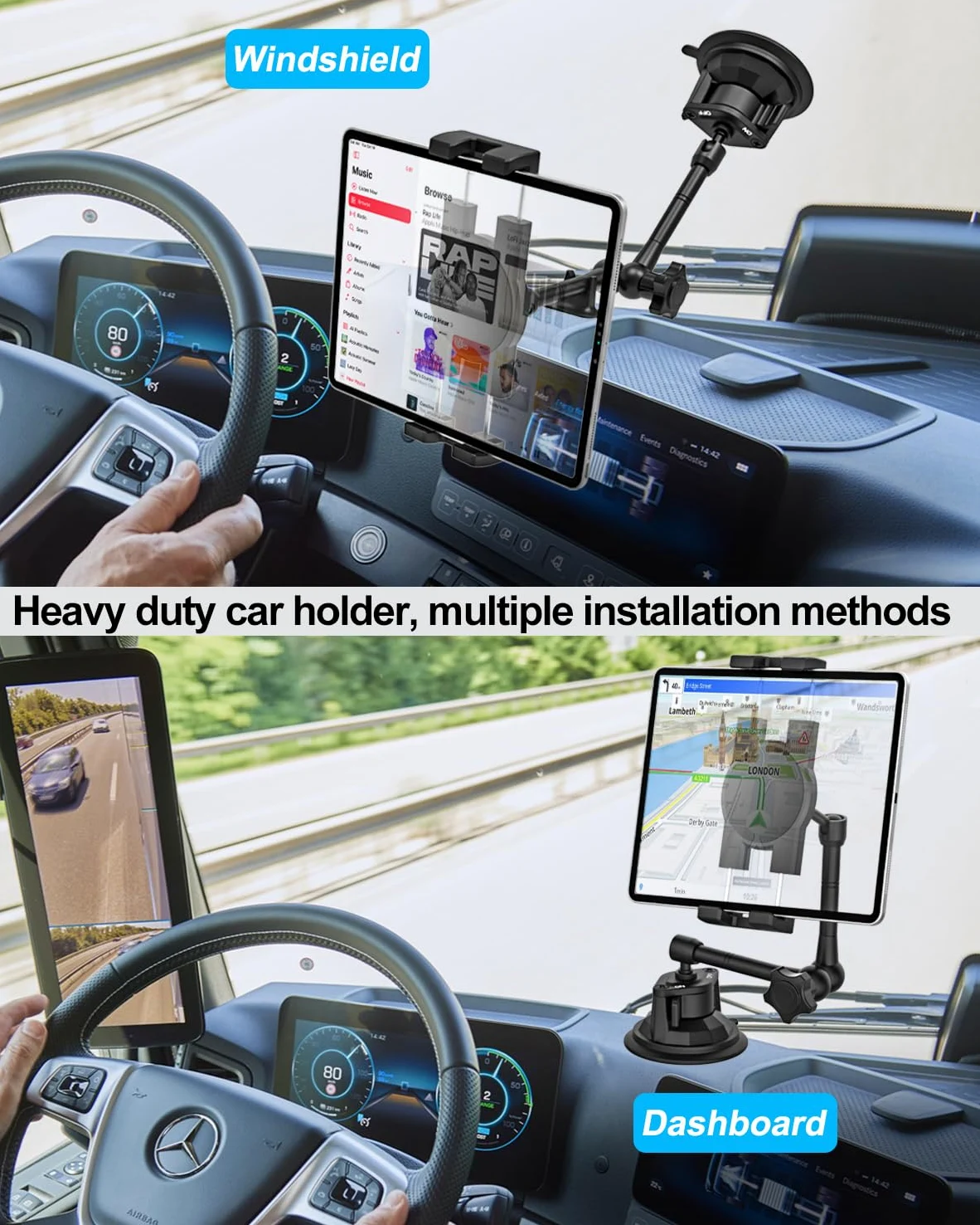 Supporto Tablet Cruscotto Parabrezza Auto/Camion, Porta Tablet Macchina Ventosa Robusto con Braccio in Metallo per iPad Pro/Air/Mini, Galaxy, Lenovo, iPhone, Telefono da 4-12,9"