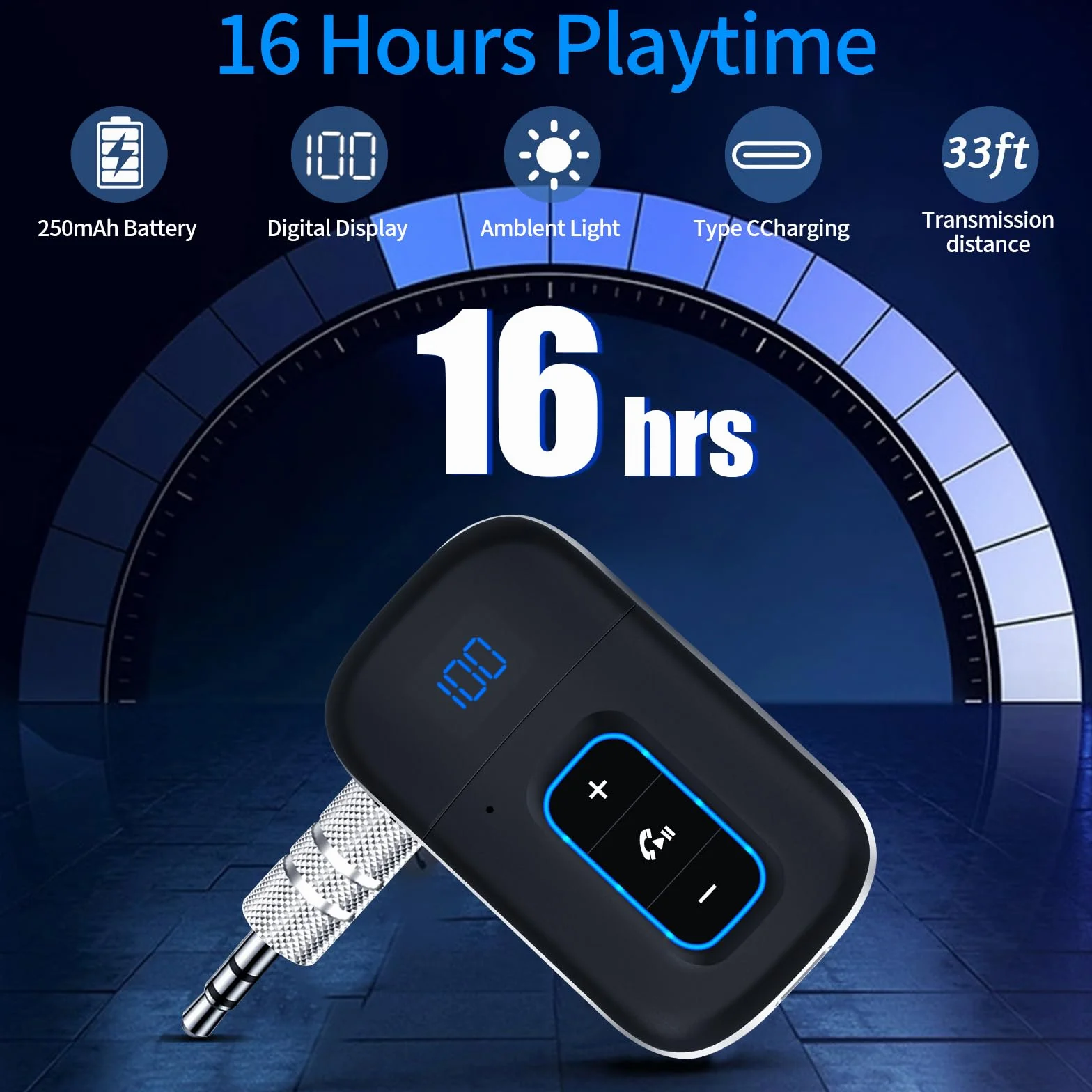 Vemfay Ricevitore Bluetooth Car Jack Adattatore Aux Bluetooth 5.3 Ricevitore per Altoparlanti/Stereo Domestico, Presa Jack Bluetooth Auto Chiamata Mano Libera Dual Collegamento, 16H Autonomia