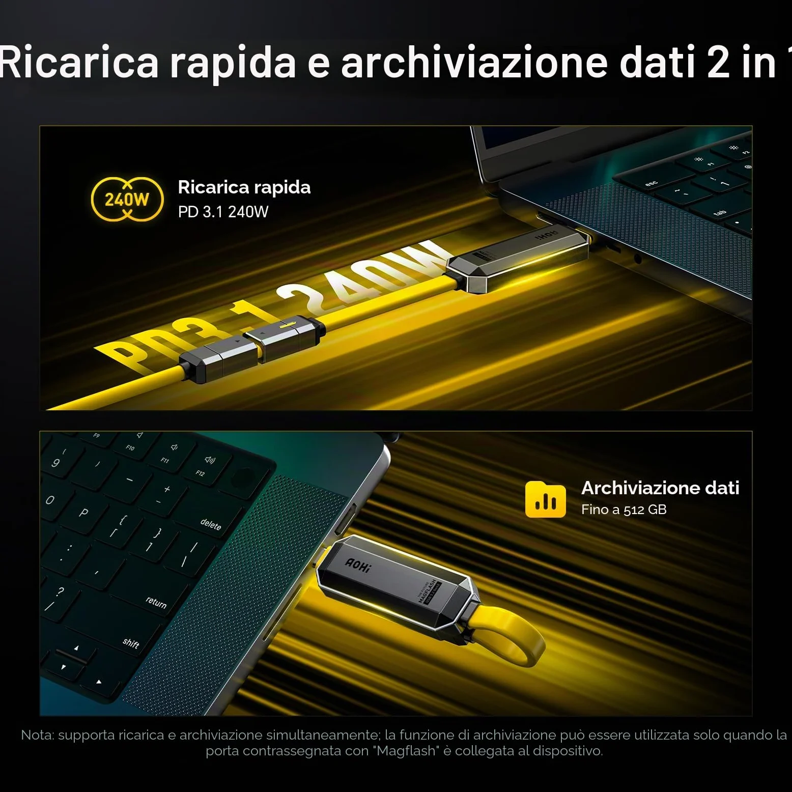 AOHI Set di cavi USB C da 240 W fai da te con unità flash USB C da 512 GB, 2 in 1 PD 3.1 per ricarica rapida e archiviazione dati, con USB 3.2 Gen2 Type C SSD USB Drive per MacBook, iPhone 16, Galaxy