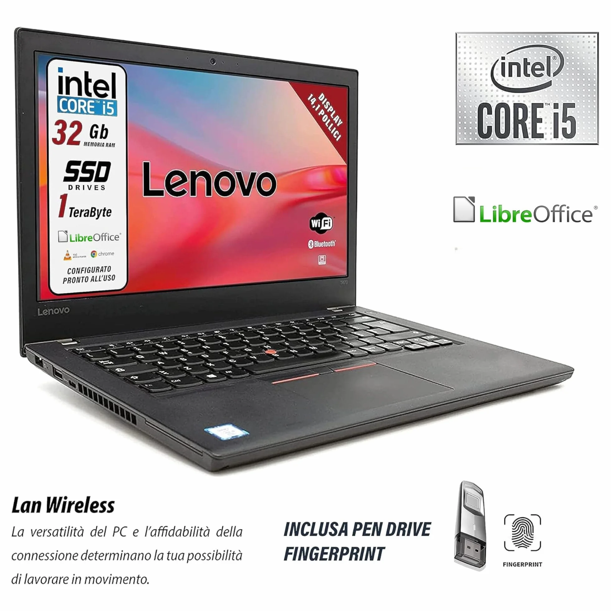 Lenovo, Pc portatile Intel Core i5, Ram 32 Gb, SSD 1 Tb, pronto all'uso con Libre, Notebook Con Display HD da 14", in dotazione pen drive fingerprint (Ricondizionato)