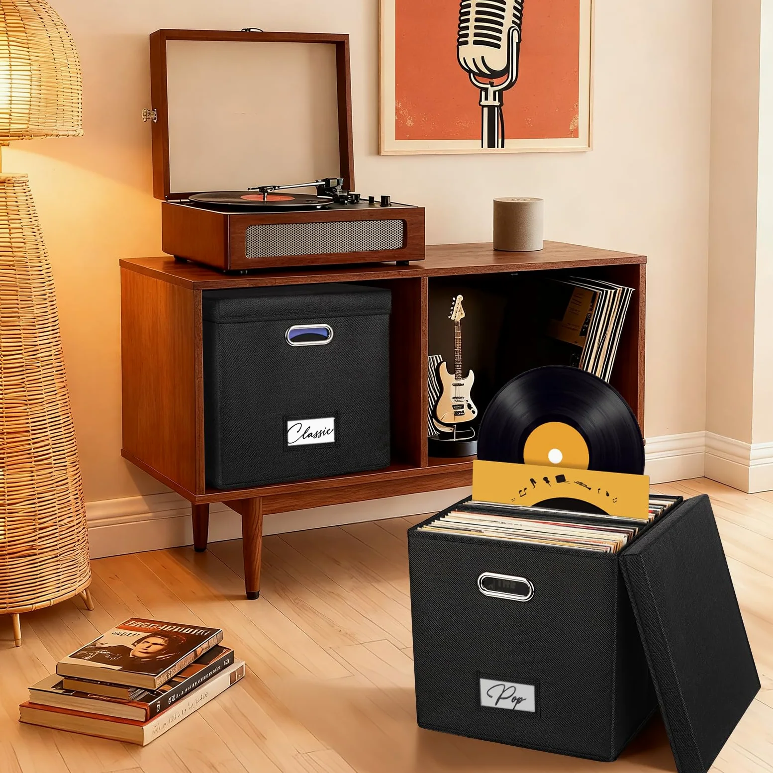 Woodoulogy Scatola nera in lino per LP in vinile, impilabile con coperchio e maniglia – Capacità 50+ dischi, organizer per album e documenti