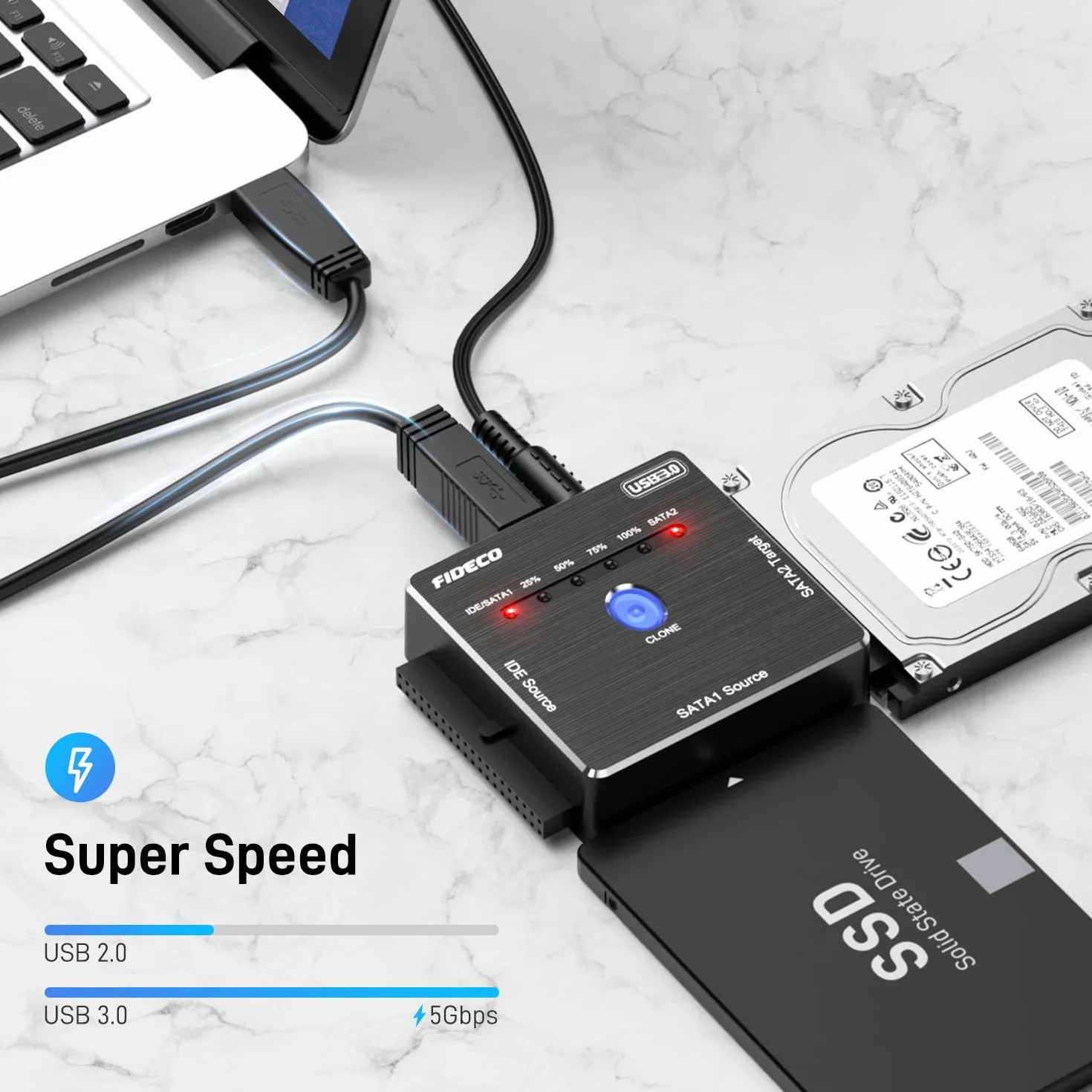FIDECO Adattatore IDE/SATA USB 3.0, Convertitore per HDD/SSD 2,5" o 3,5" SATA/IDE, Supporto per Clonazione Offline