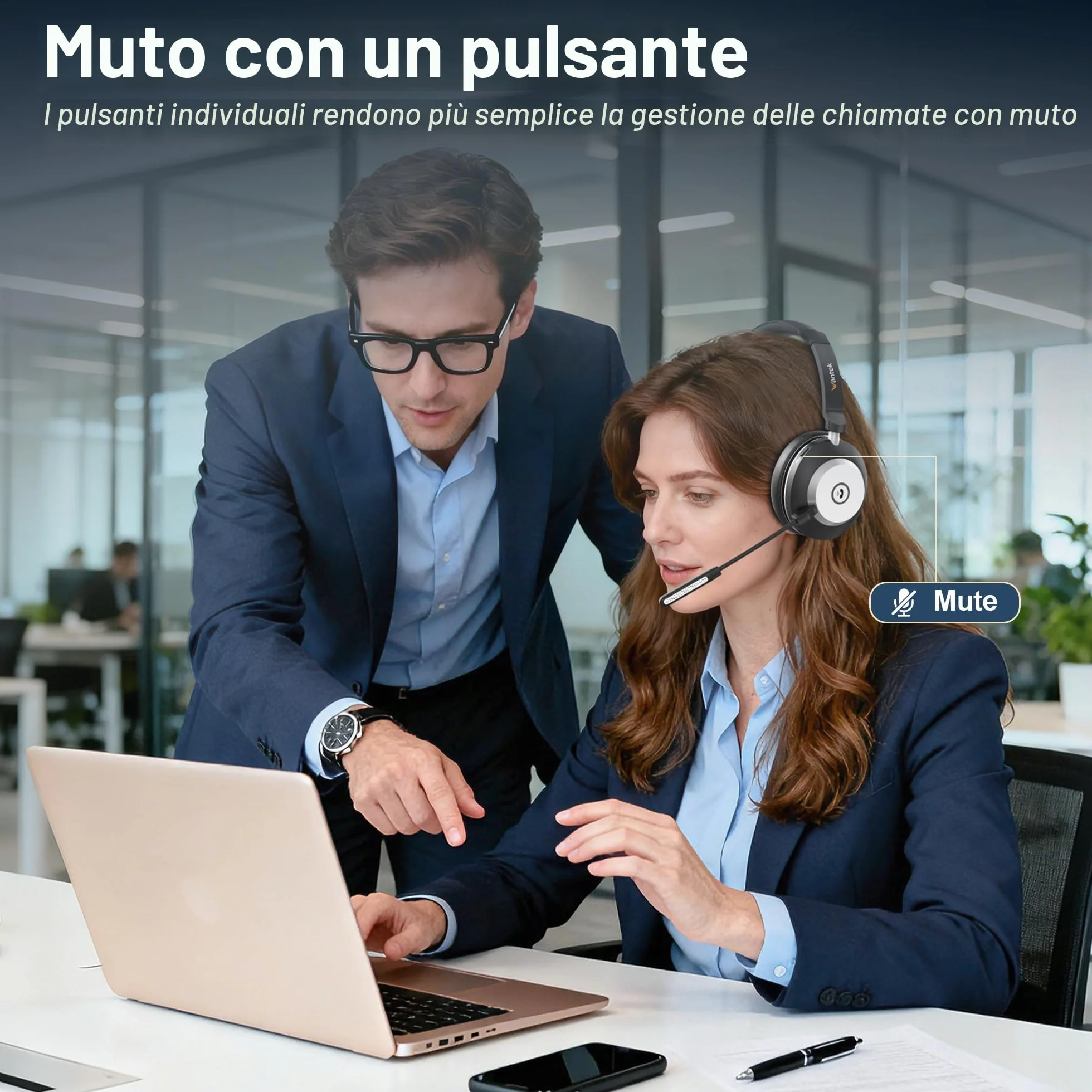 Wantek Cuffie wireless con microfono, Cuffie senza fili Bluetooth con stazione di ricarica o USB Dongle per PC Ufficio Zoom Skype Laptop