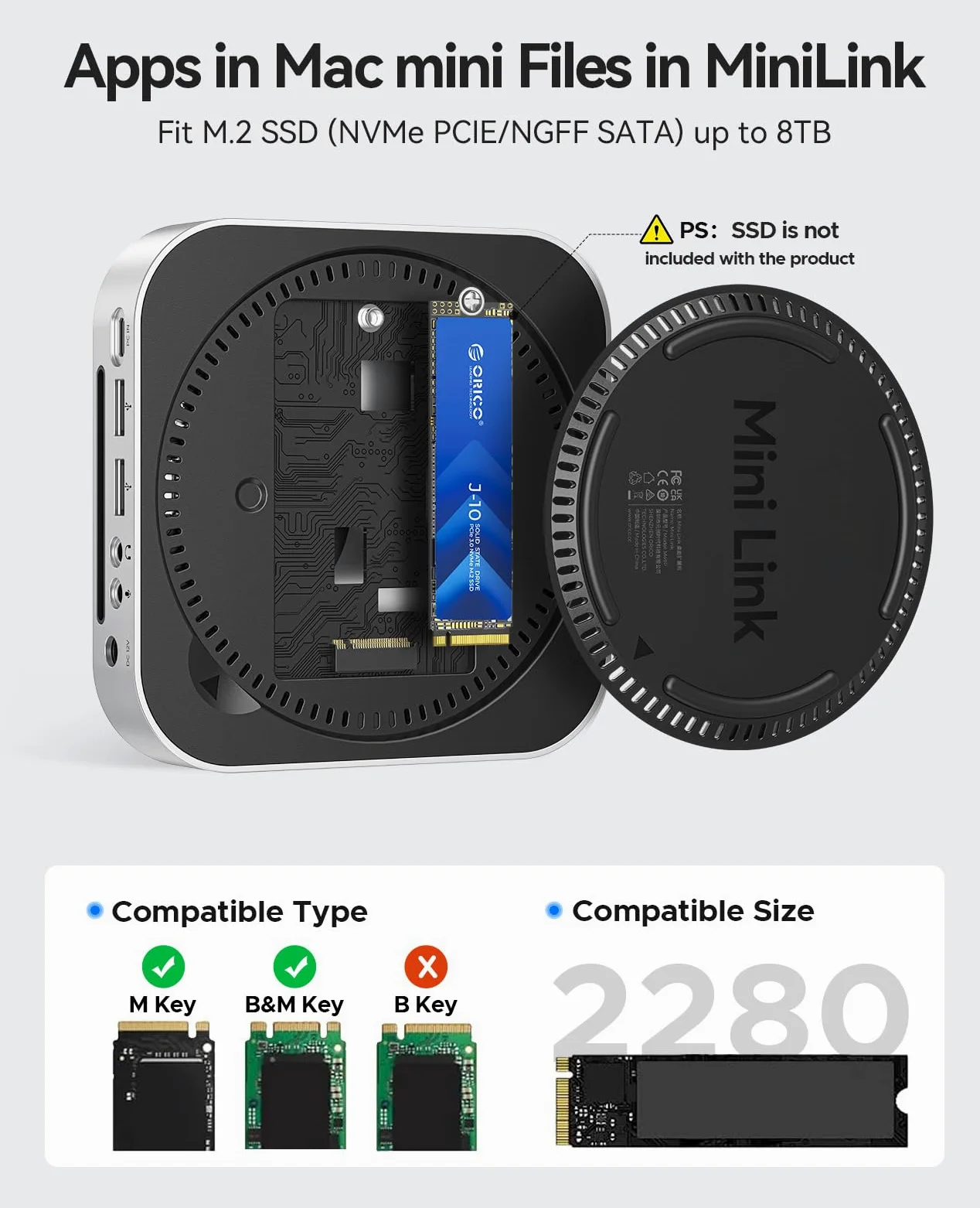 Dock e Supporto ORICO MiniLink per Mac mini M4, Hub USB C in Alluminio con Custodia SSD per M.2 NVMe/SATA, 2 porte USB 3.2 a 10Gbps, SD/TF 3.0, Dock Argento per Mac mini M4 / M4 Pro - M49P
