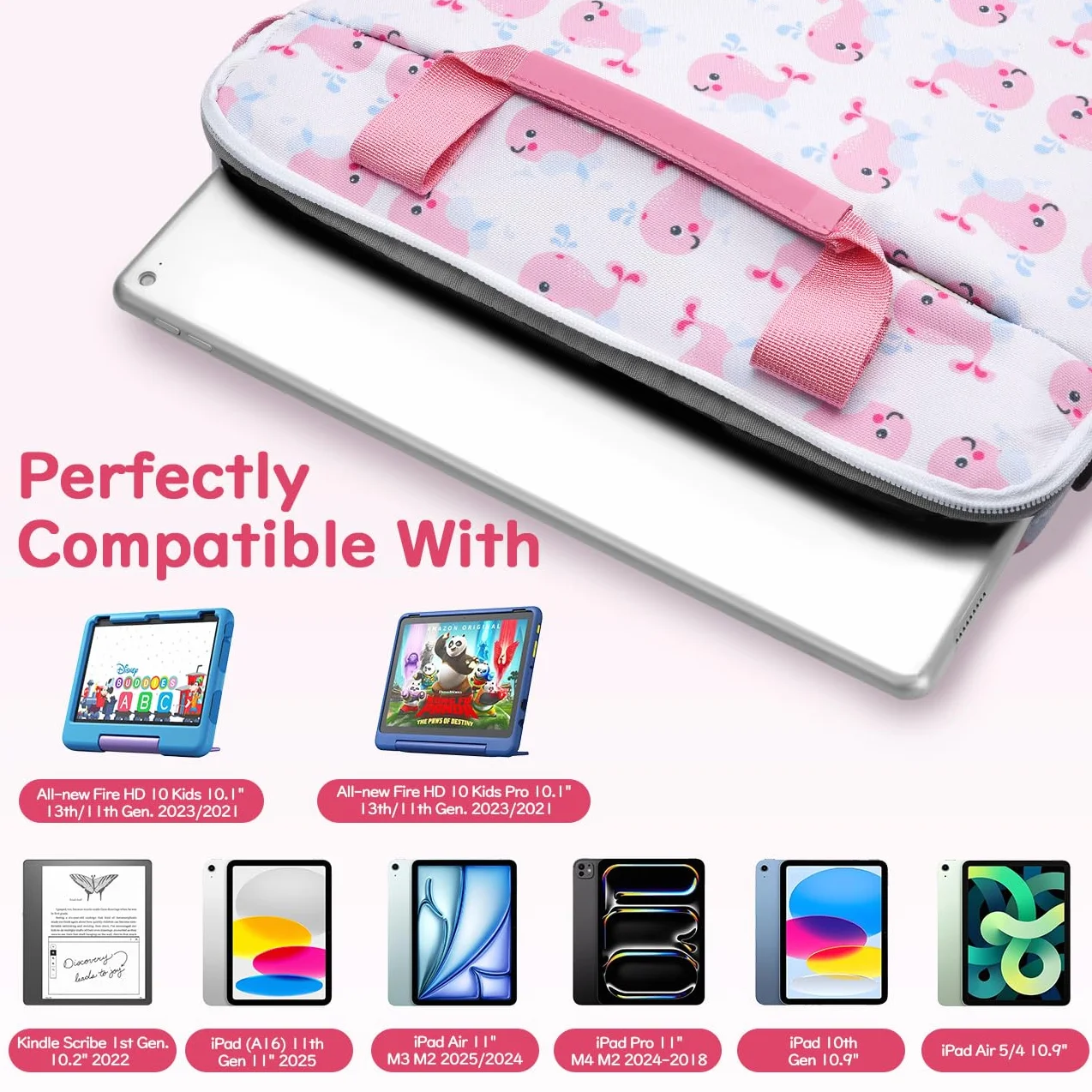Dadanism Custodia per Tablet per Bambini, Borsa per Tablet da 12.5 Inch, Borsetta per Tablet con Manico e Tracolla per Fire HD 10 Kids/Fire HD 10 Kids Pro 13th/11th Gen 2023/2021, Balena Rosa