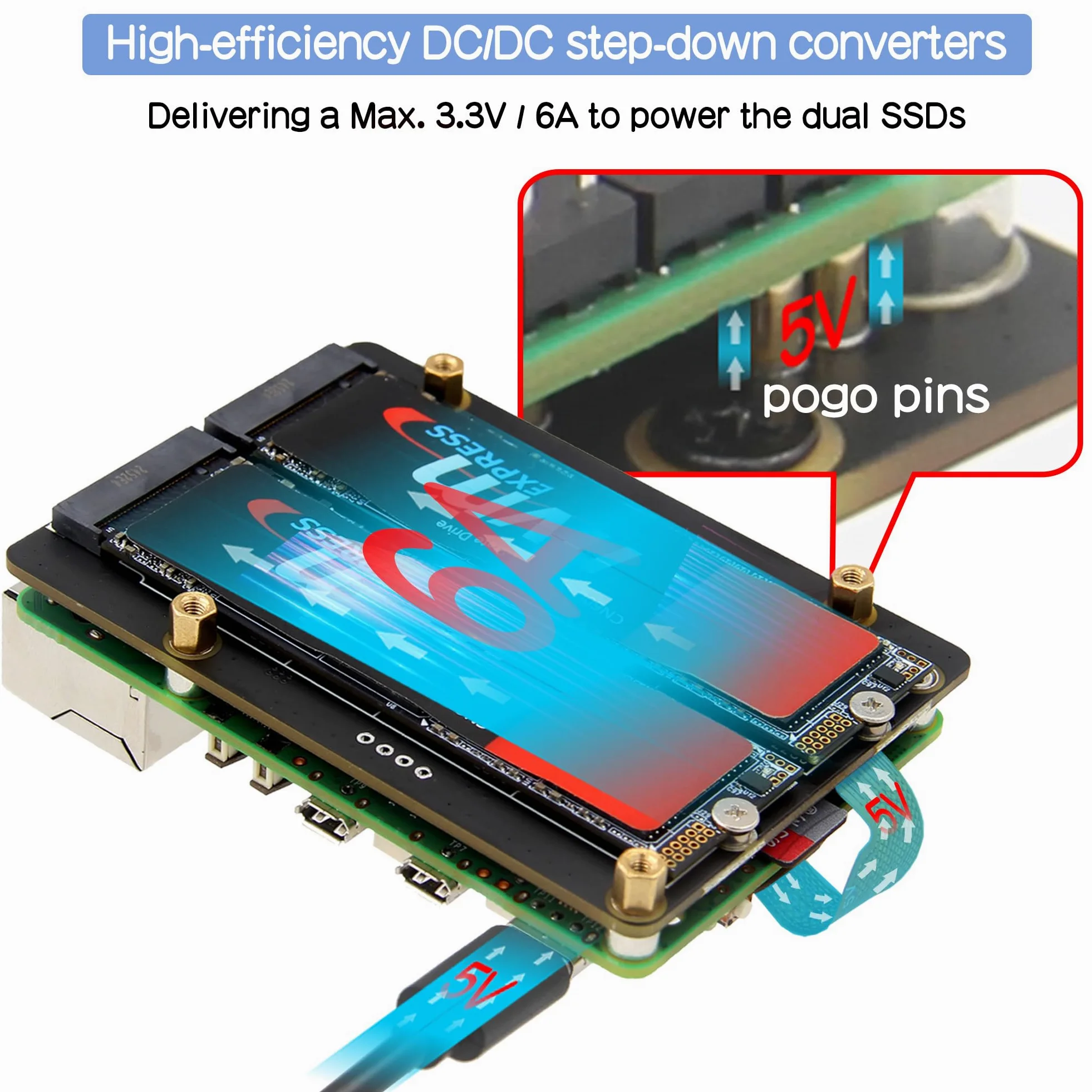 Geekworm X1005 Dual NVMe SSD Shield Bottom for Raspberry Pi 5, supports Hailo-8 AI Accelerator