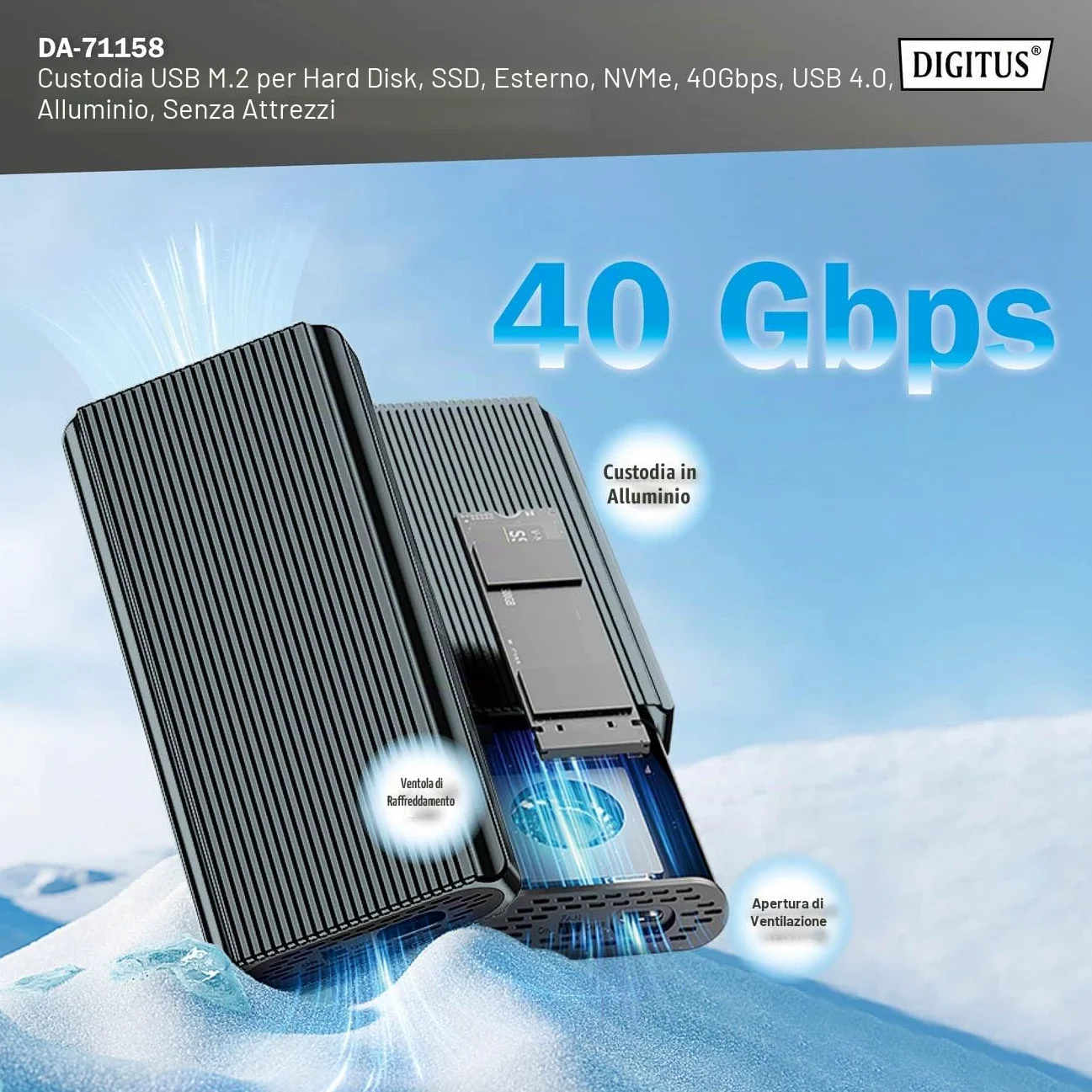 Custodia Per Disco Rigido Digitus Usb M.2, Ssd, Esterna, Nvme, 40 Gbps, Usb 4.0, Alluminio, Senza Attrezzi