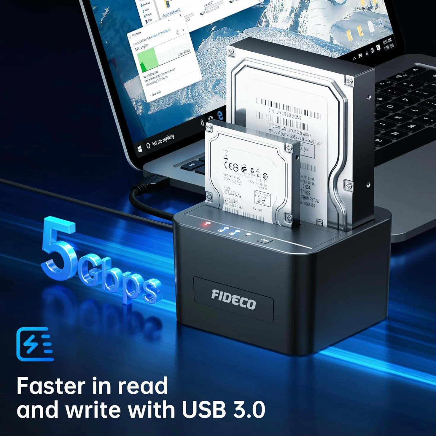 FIDECO HDD Docking Station, USB3.0 - Docking station per disco rigido da 2,5 e 3,5 pollici SATA HDD/SSD, doppio alloggiamento, supporto clone offline