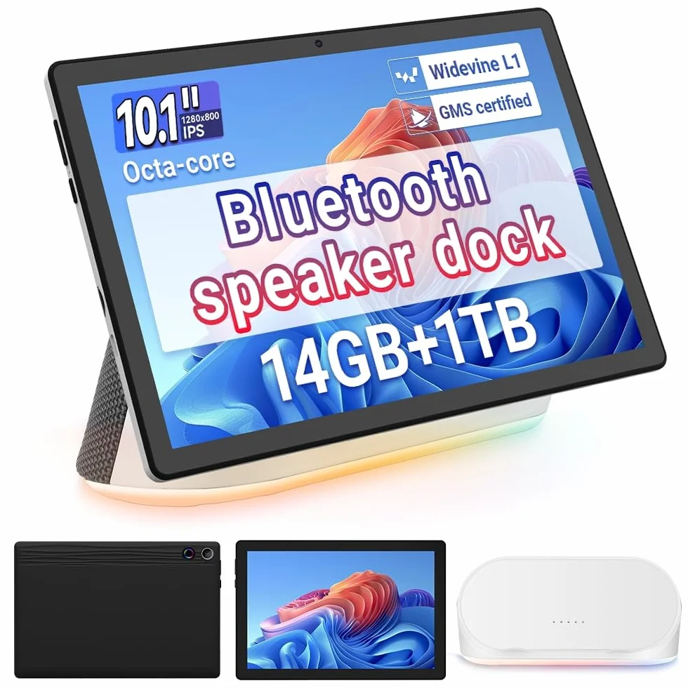 Whitedeer Tablet, Dock Altoparlante, Tablet Android Octa-Core, Ricarica Wireless, 14GB RAM+64GB ROM+1TB Memoria Espandibile, 1280×800P, 5MP+8MP, 5000mAh