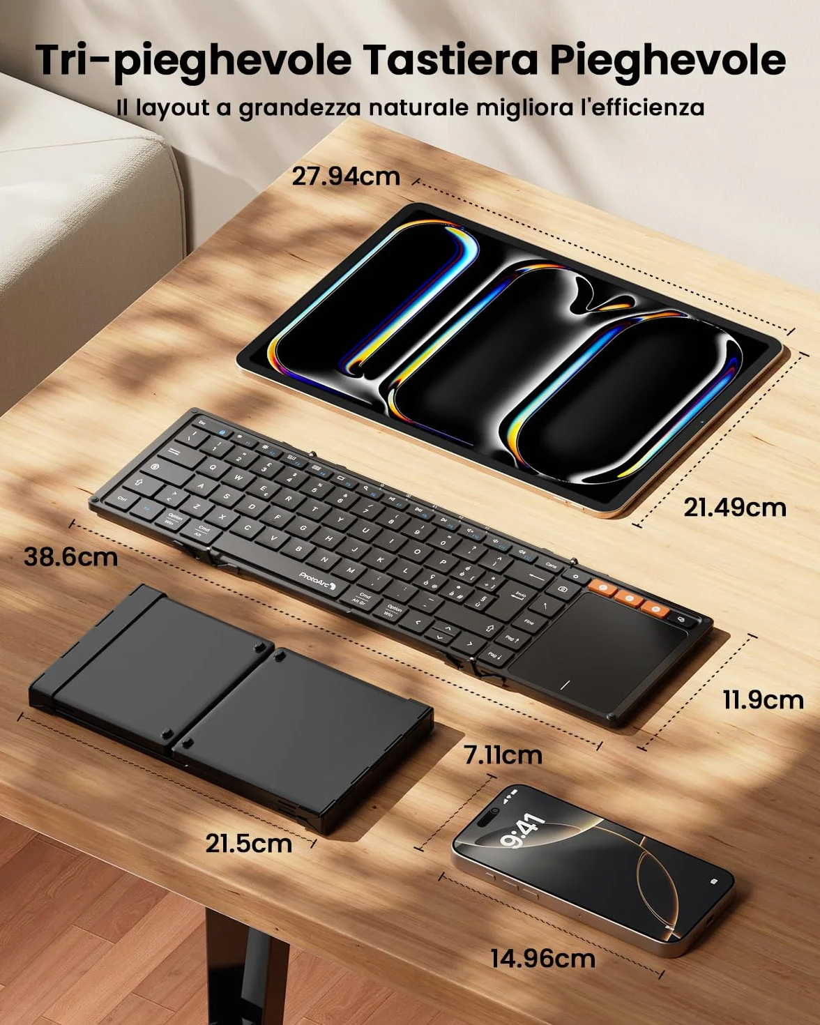 ProtoArc Tastiera Bluetooth Pieghevole, XK01 TP Grande Tastiera Wireless Layout Italiana con Touchpad, Tastieras iPad Portatile Viaggio per iOS, Android, PC Tablet Windows - Nero