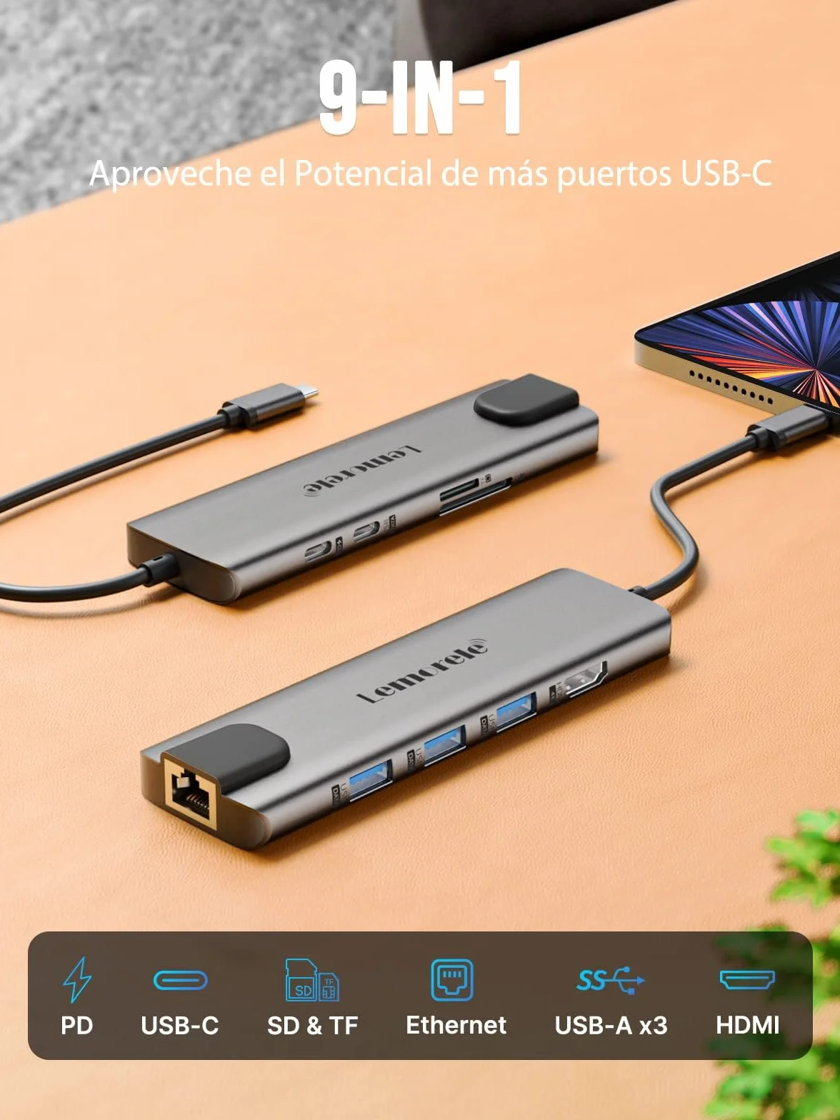 Lemorele Hub USB C con Ethernet RJ45 da 1000M- 10 en 1 Custodia in Alluminio Adattatore USB C Hub a HDMI 4K, 3 USB-A 3.0, PD 100W, SD/TF, Dati USB-C per Macbook Air/Pro, iPad, Windows, Switch