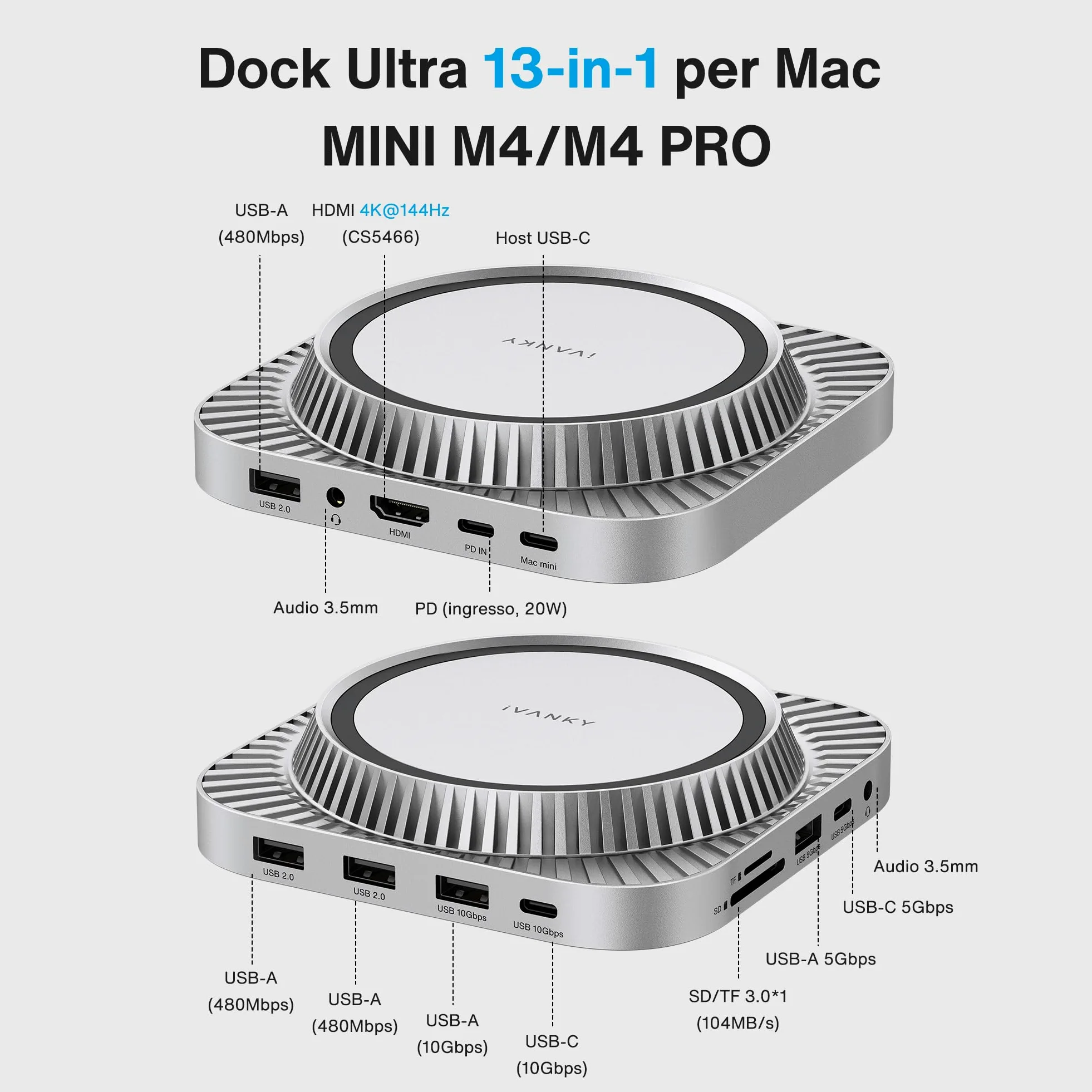 iVANKY Mac mini M4 Dock 13 in 1, supporto con alloggiamento SSD M.2 NVMe da 8 TB, hub HDMI 4K a 144 Hz per Mac mini M4 e M4 Pro (2024), docking station USB-A e USB-C da 10 Gbps, SD/TF | supporto con alloggiamento SSD M.2 NVMe da 8 TB, , docking station US