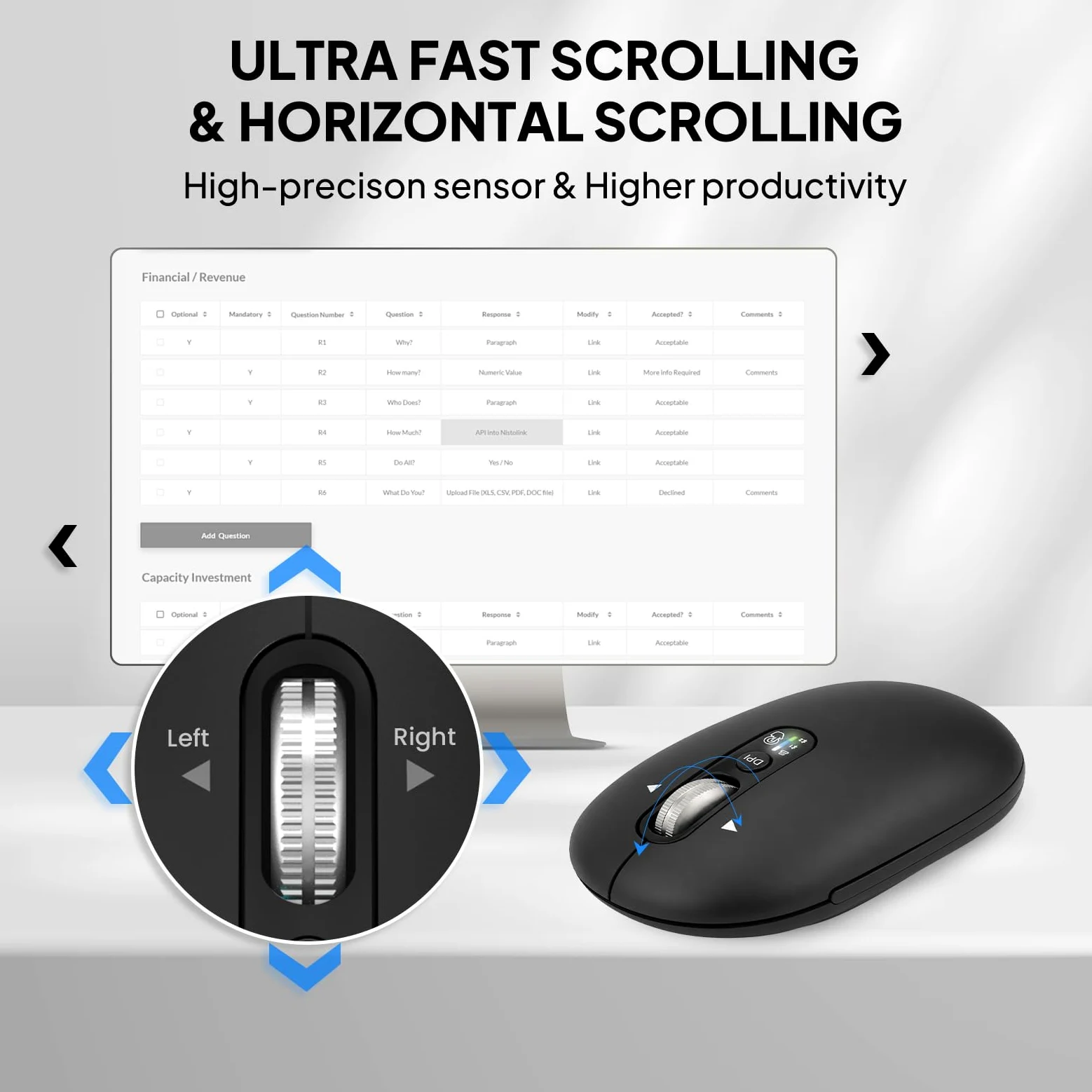 INFINMIND Mouse Bluetooth Senza Fili con Smart Flying Scroll, Rotellina ergonomica per il pollice, silenzioso per 3 dispositivi - Compatibile con Windows/Mac OS/Chrome/Android (Nero)