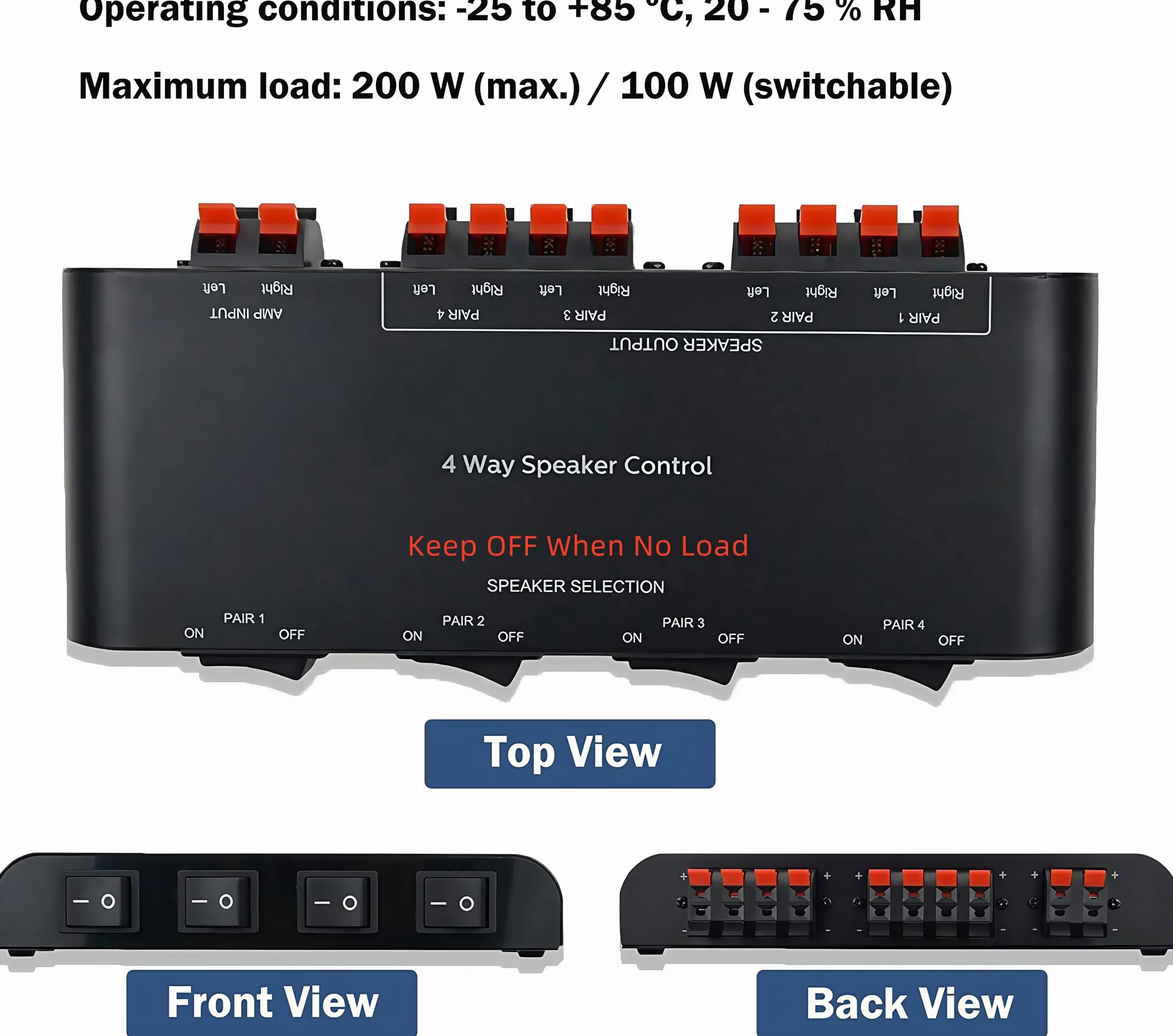 Selettore Switcher per 4 canali con morsettiera 200W RMS Max 100W commutabile, nero