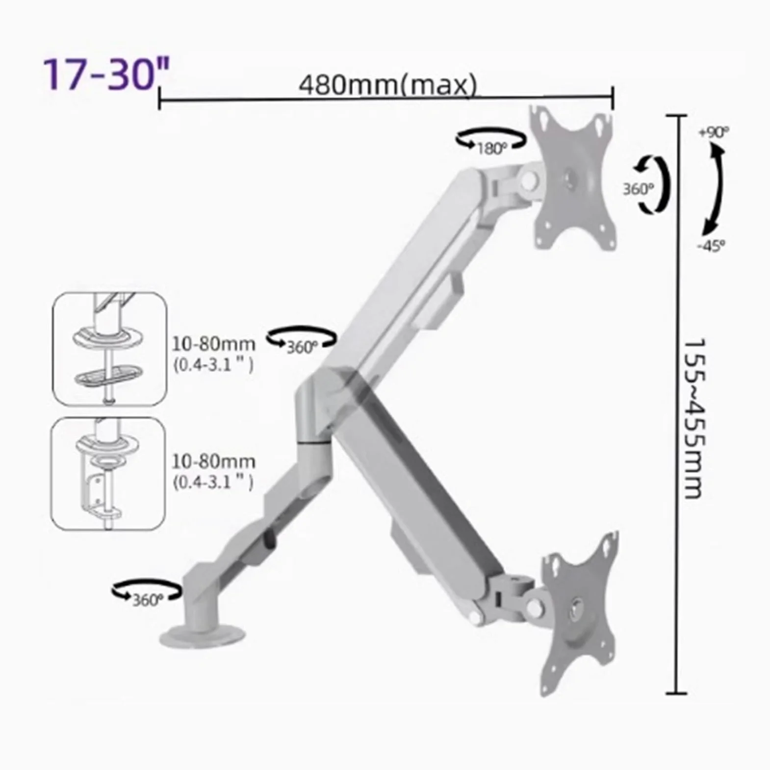Braccio for monitor singolo adatto a schermi da 17-30" entro 19,8 libbre, supporto da scrivania for monitor con molla a gas regolabile con morsetto a C e base passacavo, VESA massimo 100x100 mm(Silver