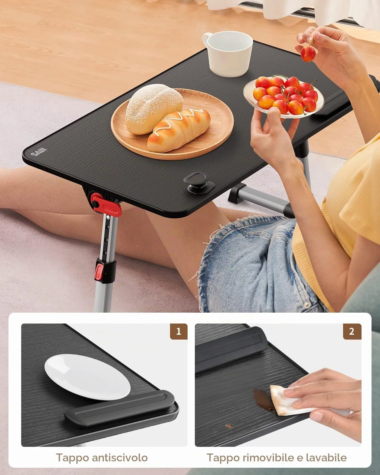 Tavolo, SAIJI Tavolino da letto, Regolabile in altezza, con 4 angolazioni regolabili, lapdesk pieghevole, per divano divano pavimento lavoro studio lettura scrittura mangiare (60 * 33 cm nero)