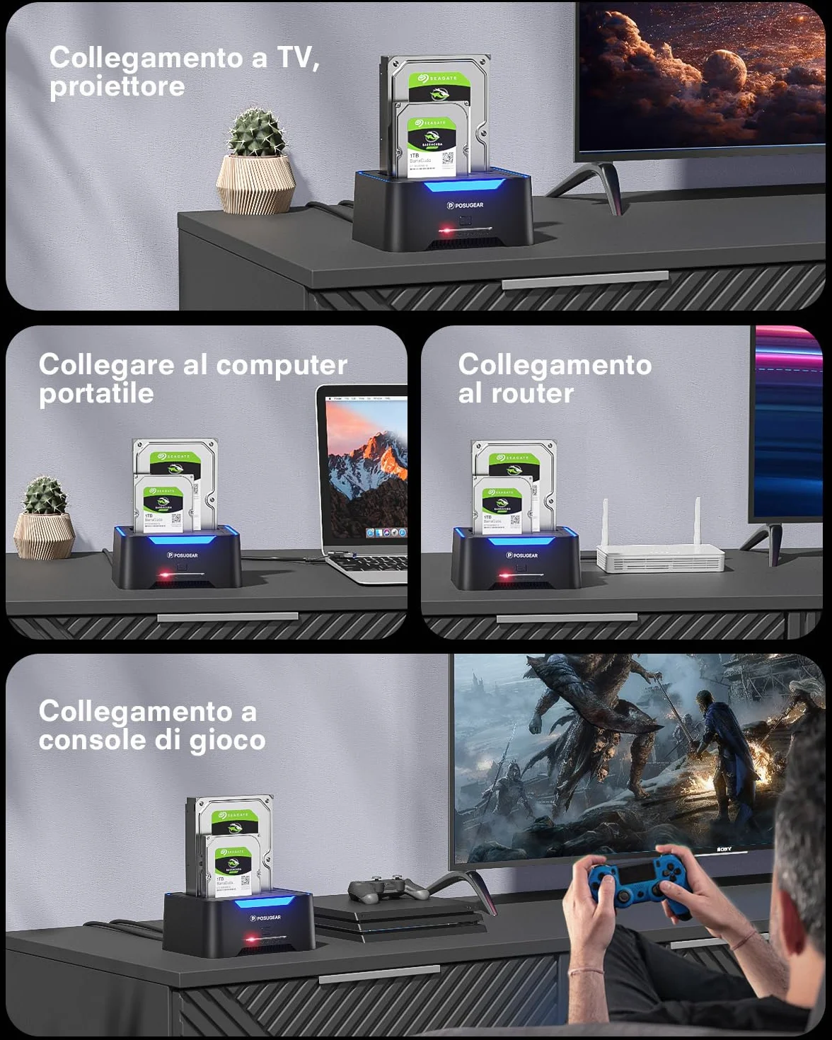 POSUGEAR Hard Disk Docking Station USB 3.2 Gen 1 per HDD/SSD SATA da 2,5 e 3,5 Pollici, Doppio Alloggiamento Dock per Disco Rigido Fino a 40TB con UASP e Cavo 2-in-1 Supporto Clonazione Offline