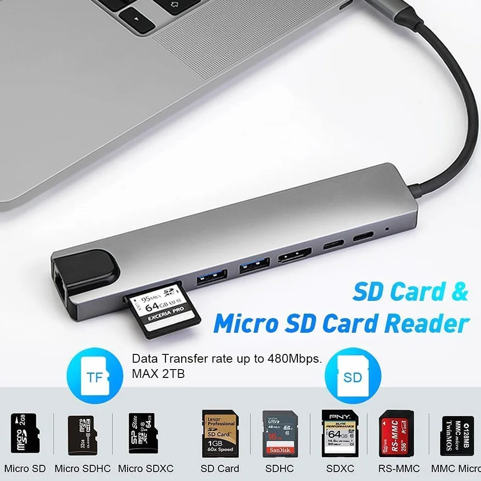 Adattatore USB C Hub Ethernet, 8 in 1, adattatore USB-C con HDMI 4K 30Hz, LAN RJ45, 100 W PD, SD/Micro SD, USB 3.0/2.0, per MacBook Pro/Air M1, iPad Pro/Air, Surface Pro 8 Docking Station