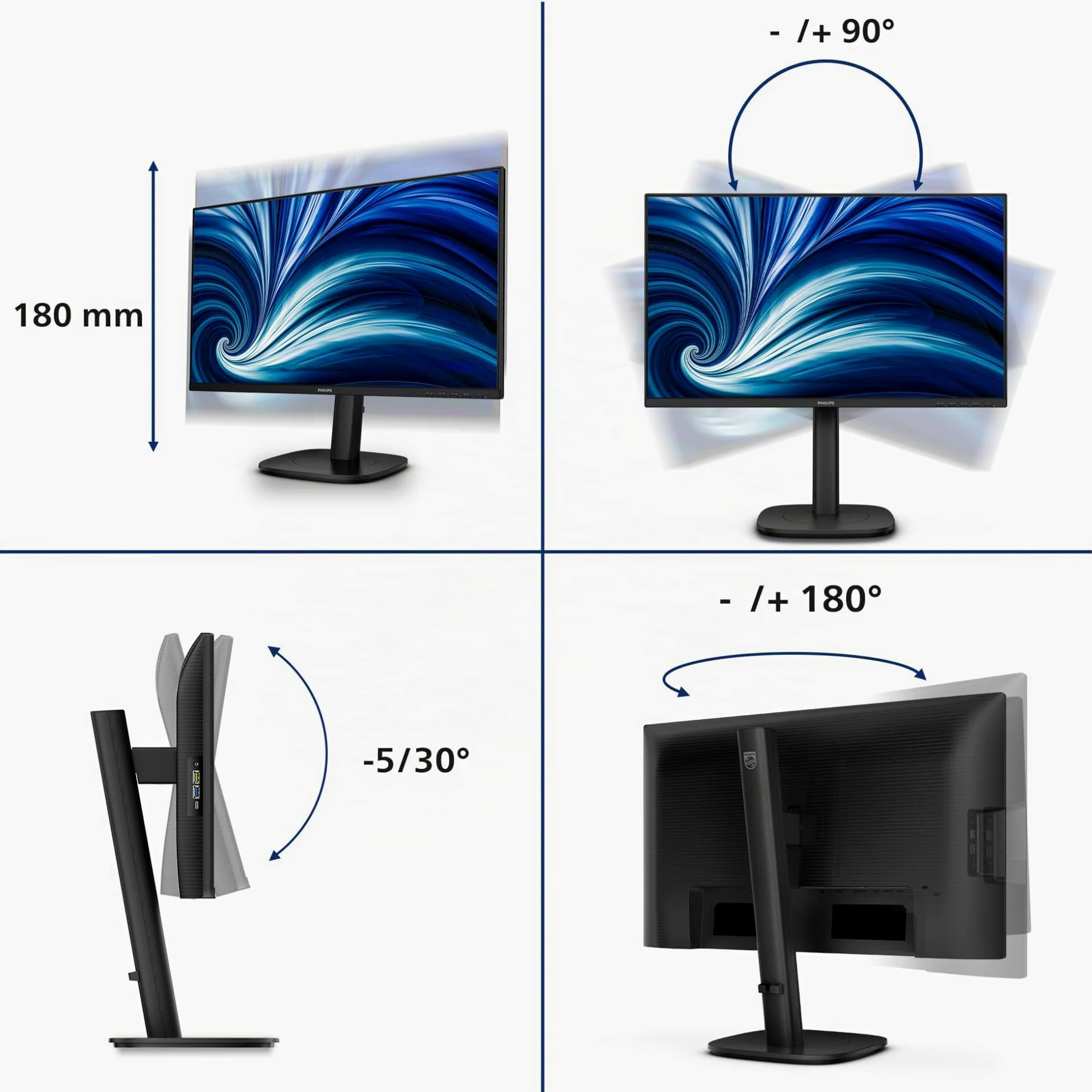 Philips Monitor 24B2N3200D 24 pollici 1920x1200, WUXGA, 100Hz, IPS Panel, 4ms GtG, USB Hub Speakers, Height Adjustment, (HDMI1x 1.4 DP 1x 1.2) Nero