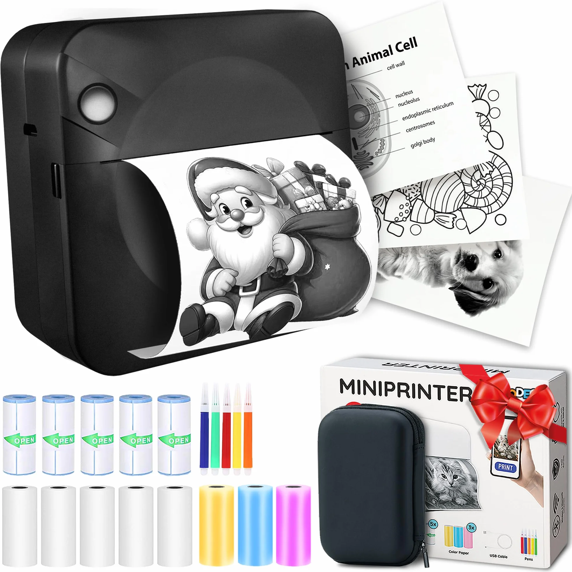 AgoDeo Mini stampante per smartphone – Mini Printer – Include 1 custodia rigida + 13 rotoli (adesivi, normali e colori) + 5 penne – stampante adesiva per studio, note, immagini, foto, diari (Nero)