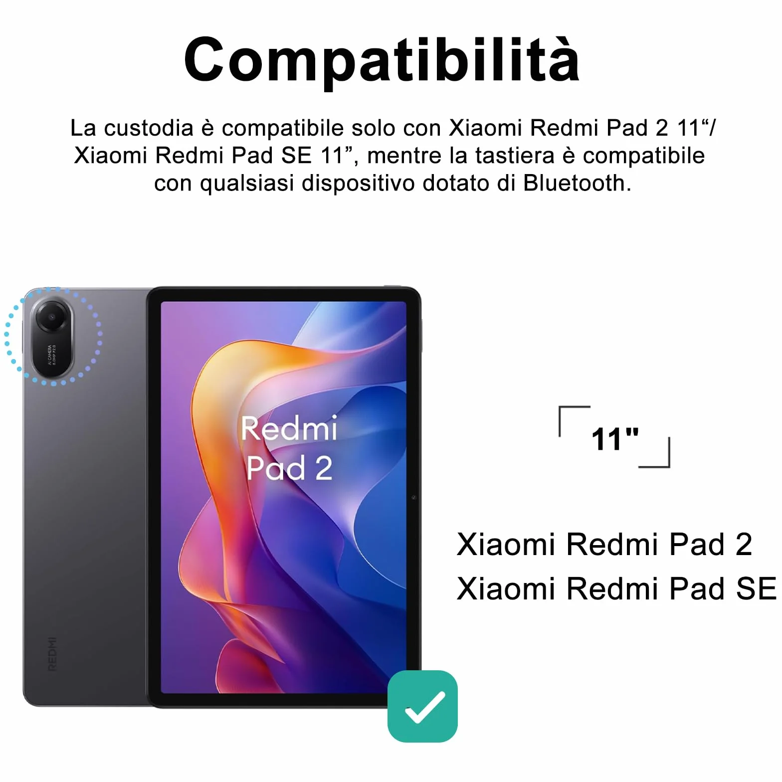IVEOPPE Tastiera per Xiaomi Redmi Pad 2/ Remi SE 11", Cover con Tastiera Rimovibile, Keyboard Italiano QWERTY Bluetooth, Custodia con Portapenna, Nero