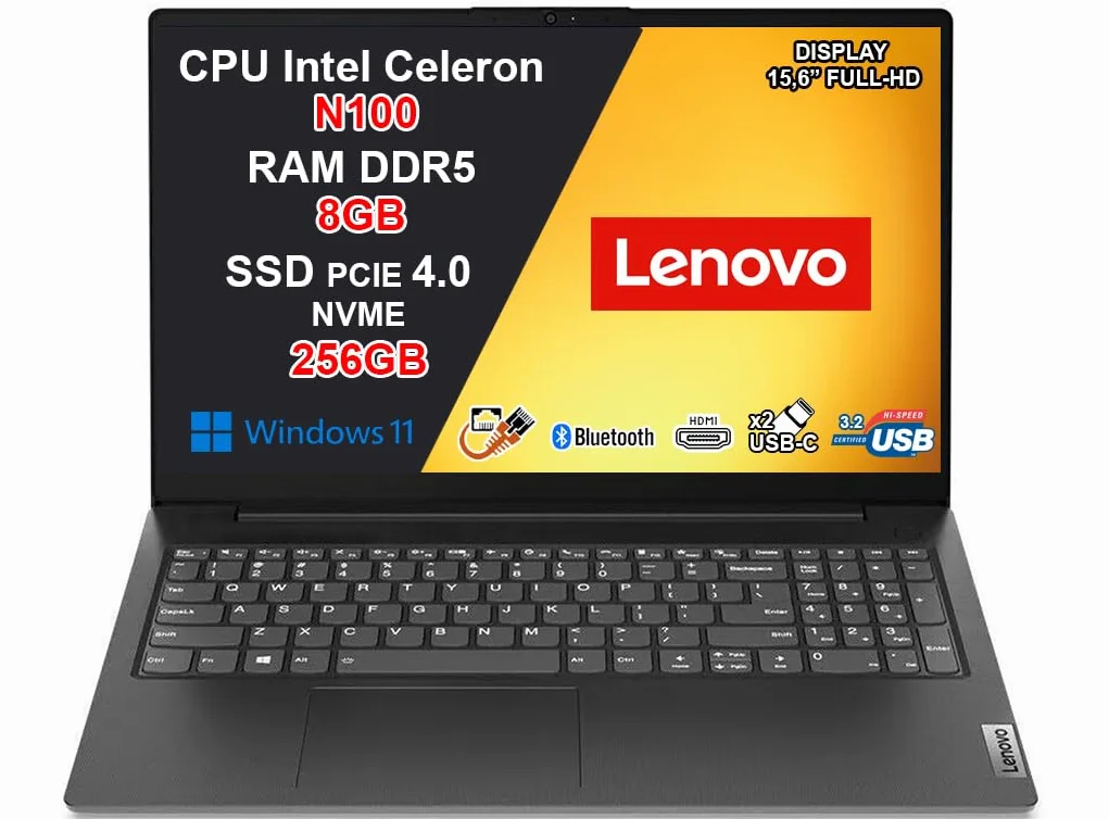 Lenovo V15 G6 Notebook Intel N100 3.4GHz 8GB DDR5 256GB SSD 15.6" Full HD WiFi 6 Windows 11 Pro Nero
