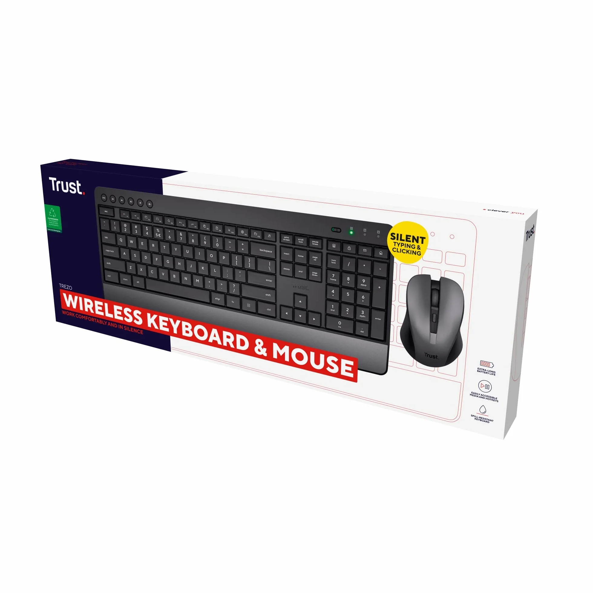 Trust Trezo Tastiera e Mouse Wireless, Layout Italiano QWERTY, Design Sostenibile, Combo Silenzioso e Ergonomico, Durata Batteria 48 Mesi, 2.4 GHz, Ricevitore USB, Resistenza ai Liquidi, PC, Laptop