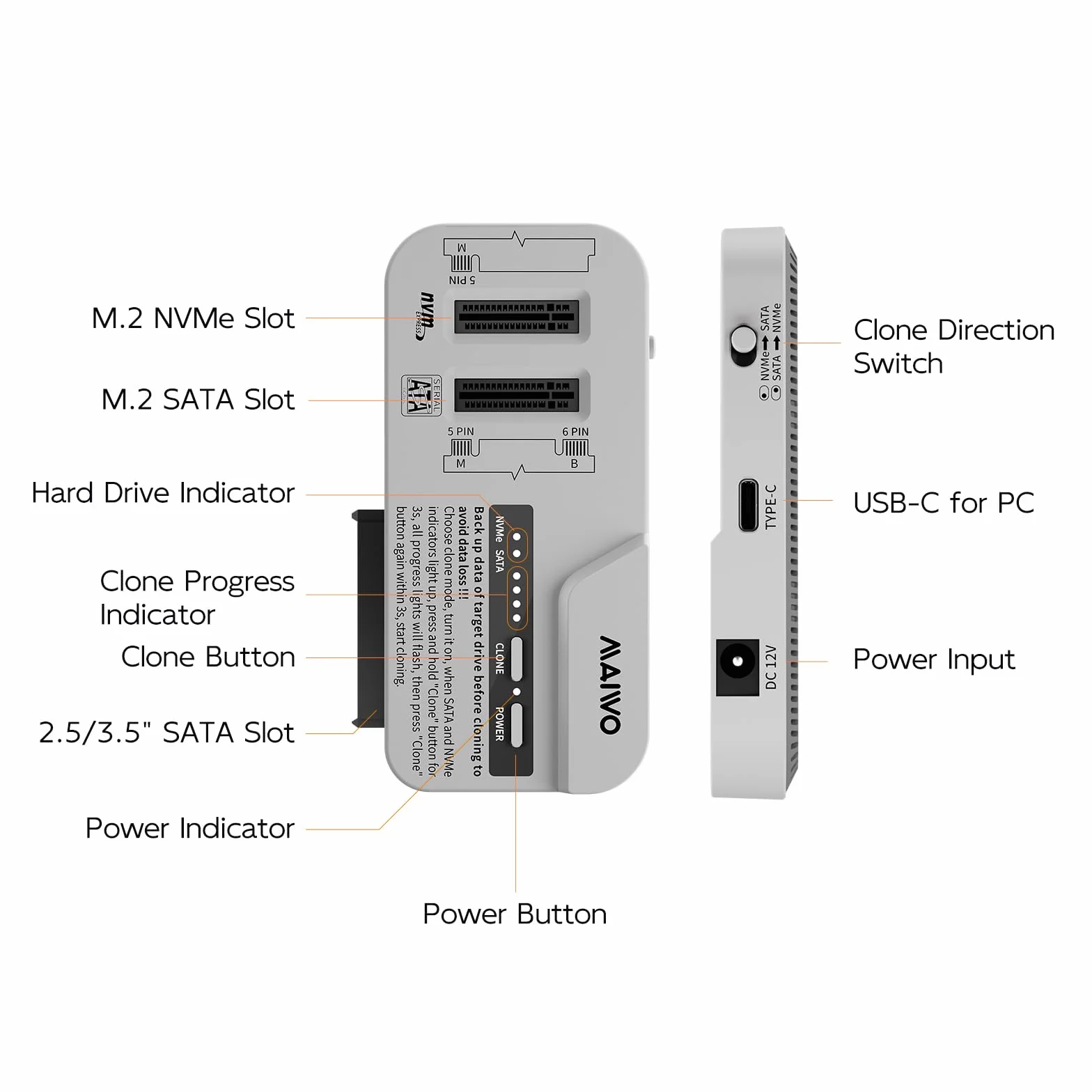 MAIWO M.2 NVMe/SATA e 2.5/3.5" SATA SSD/HDD Docking Station, Cloner per disco rigido per SSD/HDD da 2,5/3,5", adattatore M.2 SSD a USB A C Reader per chiave M Key B + M, USB3.2 Gen2x1 fino a 10 Gbps