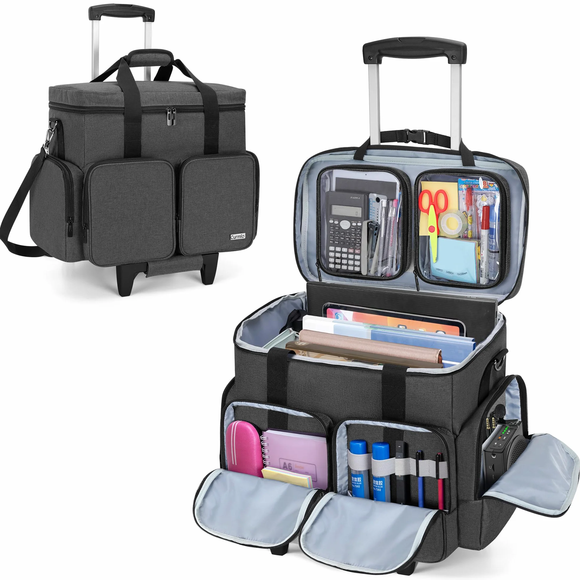 CURMIO Borsa da Lavoro per Insegnanti con Rotelle, Trolley per PC Portatili Fino a 15,6", Borsa Trolley Insegnante per Materiale didattico, da Uufficio, l'artigianato o Scrapbooking, Nero