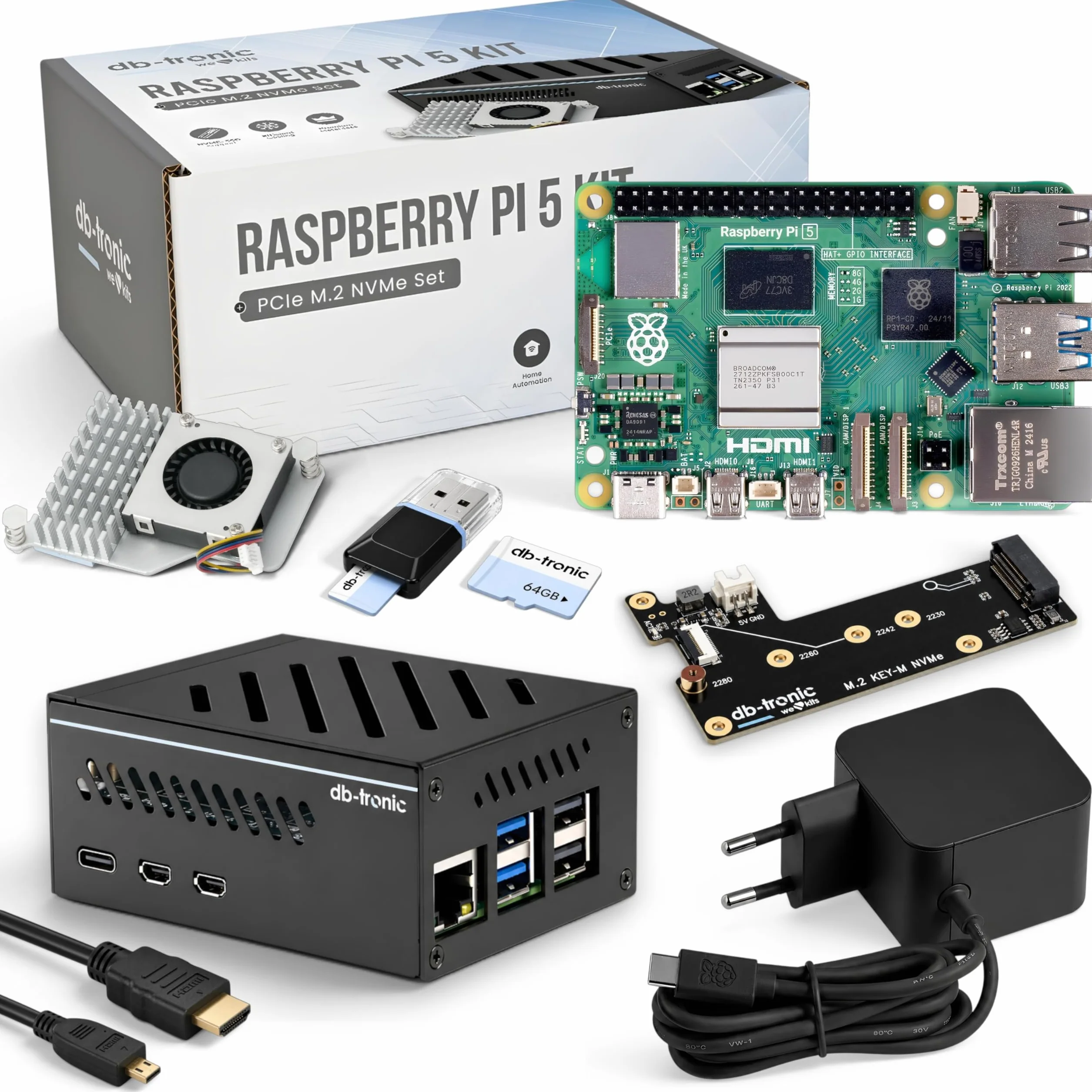 Raspberry Pi 5 8 GB NVMe Kit 64GB Custodia in metallo Scheda PCIe SSD M.2 NVMe Alimentatore 27 W Home Assistant