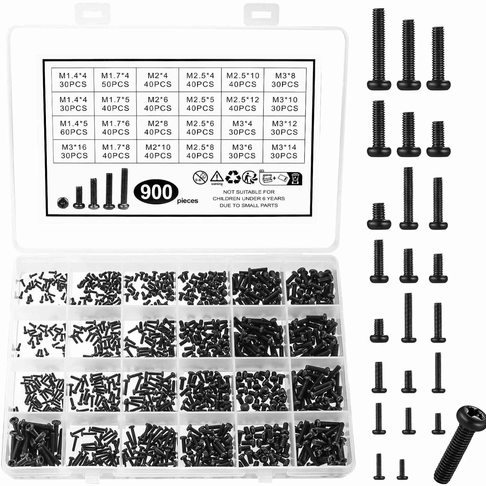 Set di Viti per Laptop e PC, Micro Viti Nere a Testa Tonda Croce M1.4 M1.7 M2 M2.5 M3 900 Pezzi