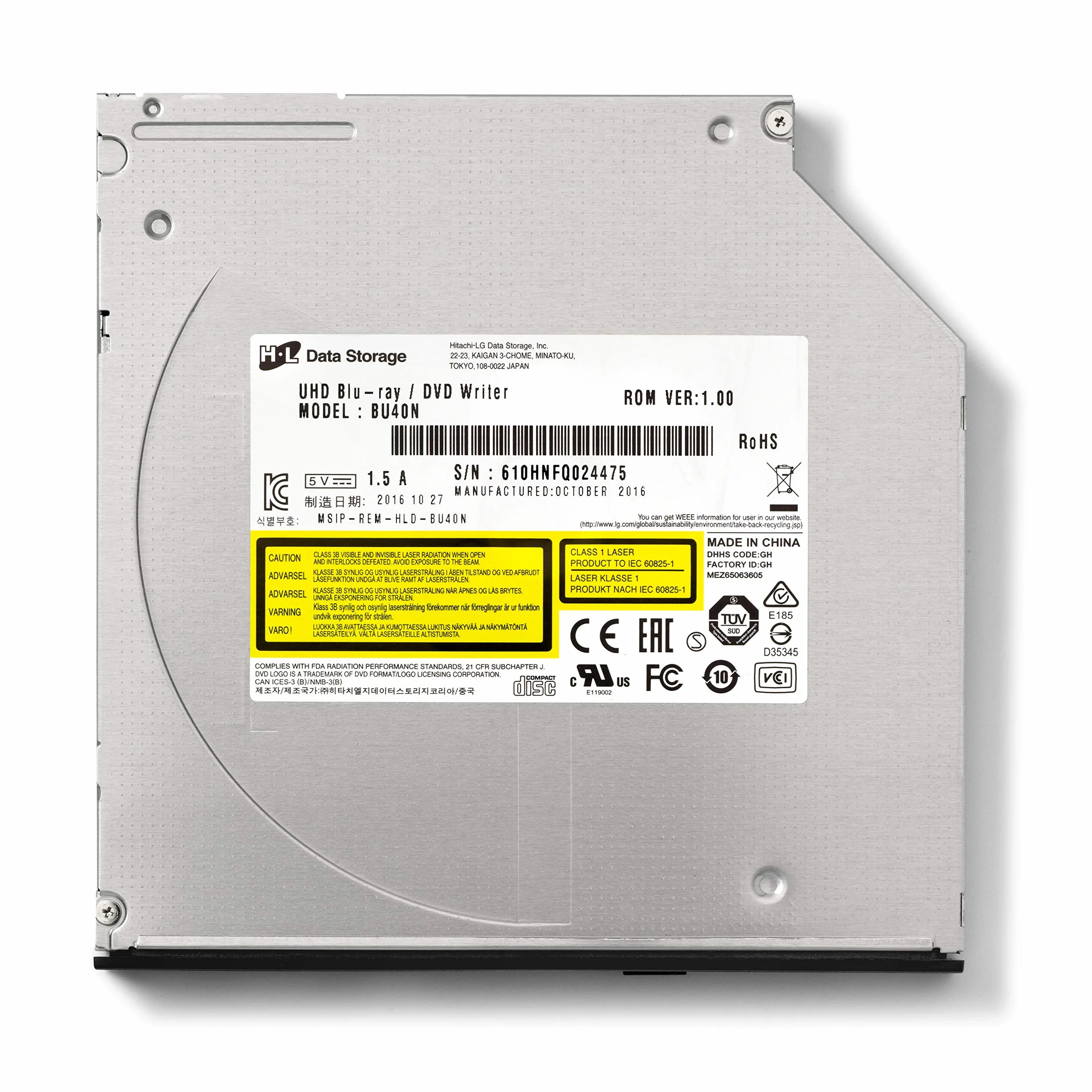 Hitachi-LG BU40N Internal UHD Blu-Ray/DVD Drive/Burner, Slim 9.5 mm Rewriter for Laptop, Desktop PC, Windows 10 Compatible, Ultra HD 4K Playback, M-Disc Support (Bare Drive)