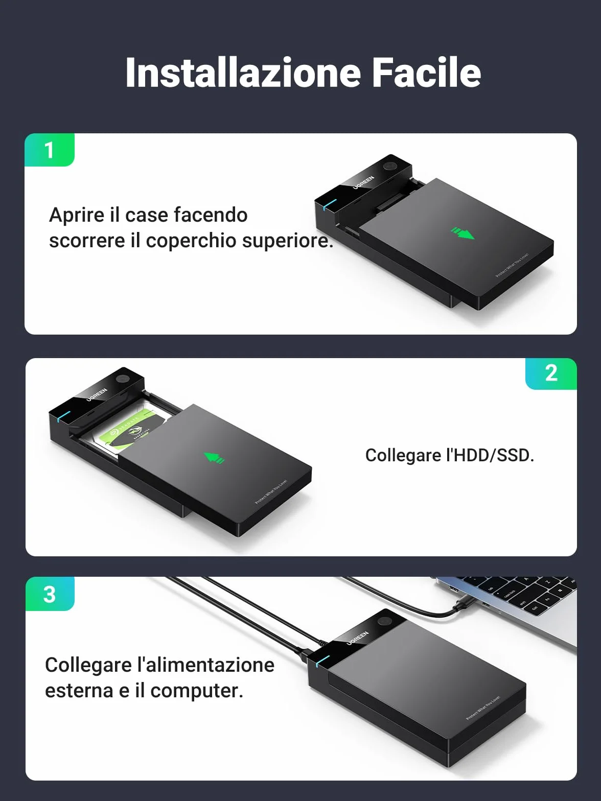 UGREEN Case Esterno Hard Disk 3.5" 20TB, Enclosure Estgerno USB 3.0 con UASP 5Gbps per HDD SSD SATA I II III con Alimentatore Compatibile with WD Toshiba Seagate