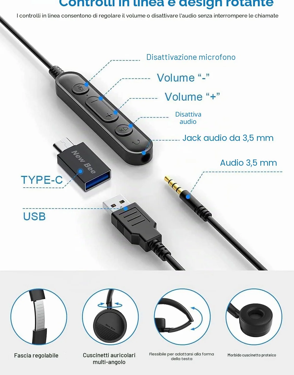 New Bee Cuffia PC con Microfono Cuffie USB/3.5 mm Suono Stereo Nitido Auricolare Business per Skype Zoom MS Team Seminario Web Chiamare Call Center(5 pezzi)