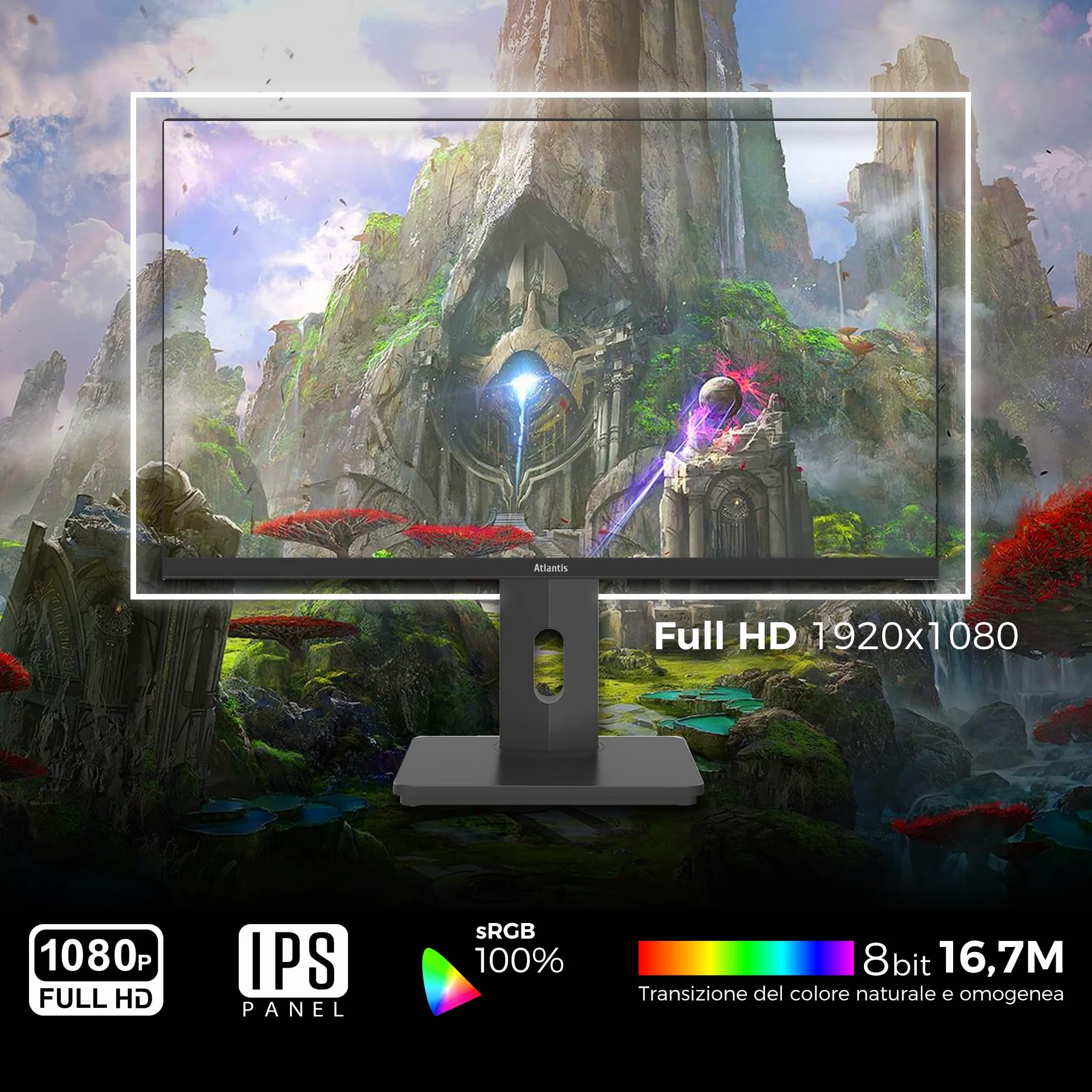 Atlantis Monitor 27 pollici Gaming 100Hz, schermo 27", Full HD 1920x1080, VGA HDMI e DP, MULTIMEDIALE,FreeSync,alzabile inclinabile, pivot risposta 5ms,Contrasto 1000:1,Angolo 178/178,Cavo HDMI e DP