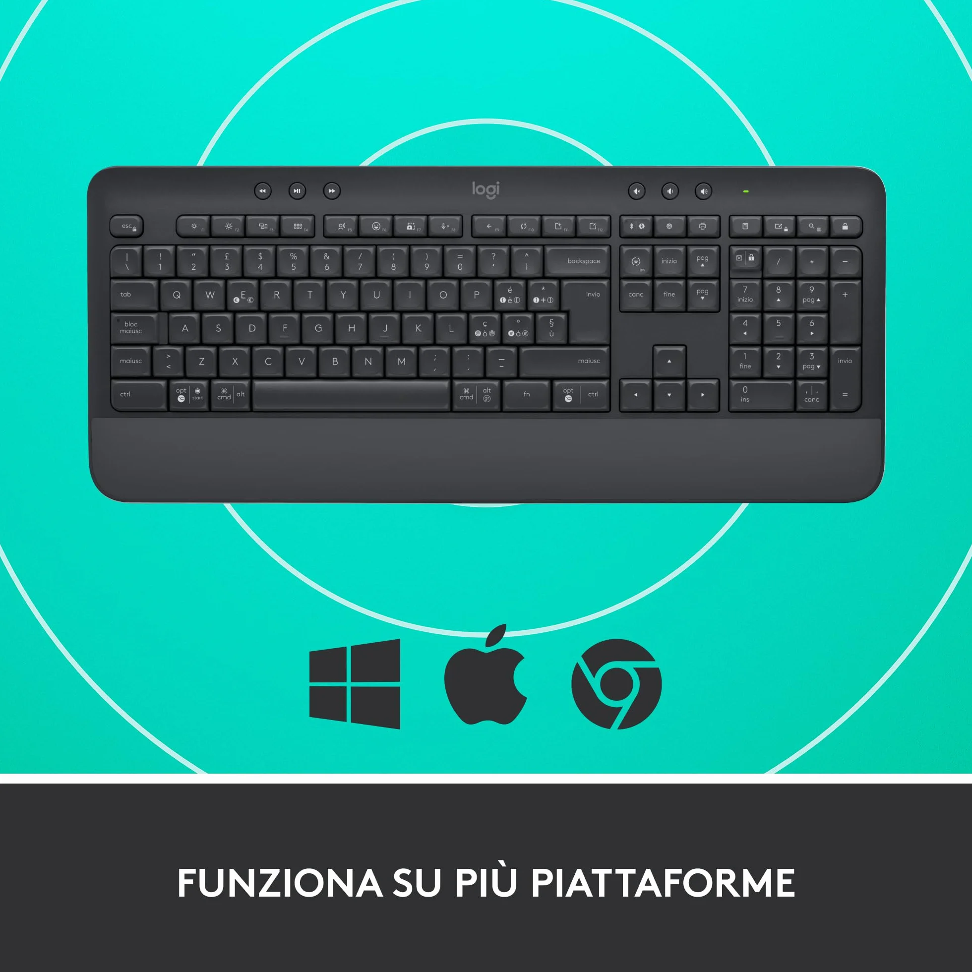 Logitech Signature K650, Tastiera Poggiapolsi Wireless Full-size con Bluetooth BLE o Ricevitore USB Logi Bolt, Tasti Smorzati e Tastierino, Compatibile con PC/Windows/Mac - Nero