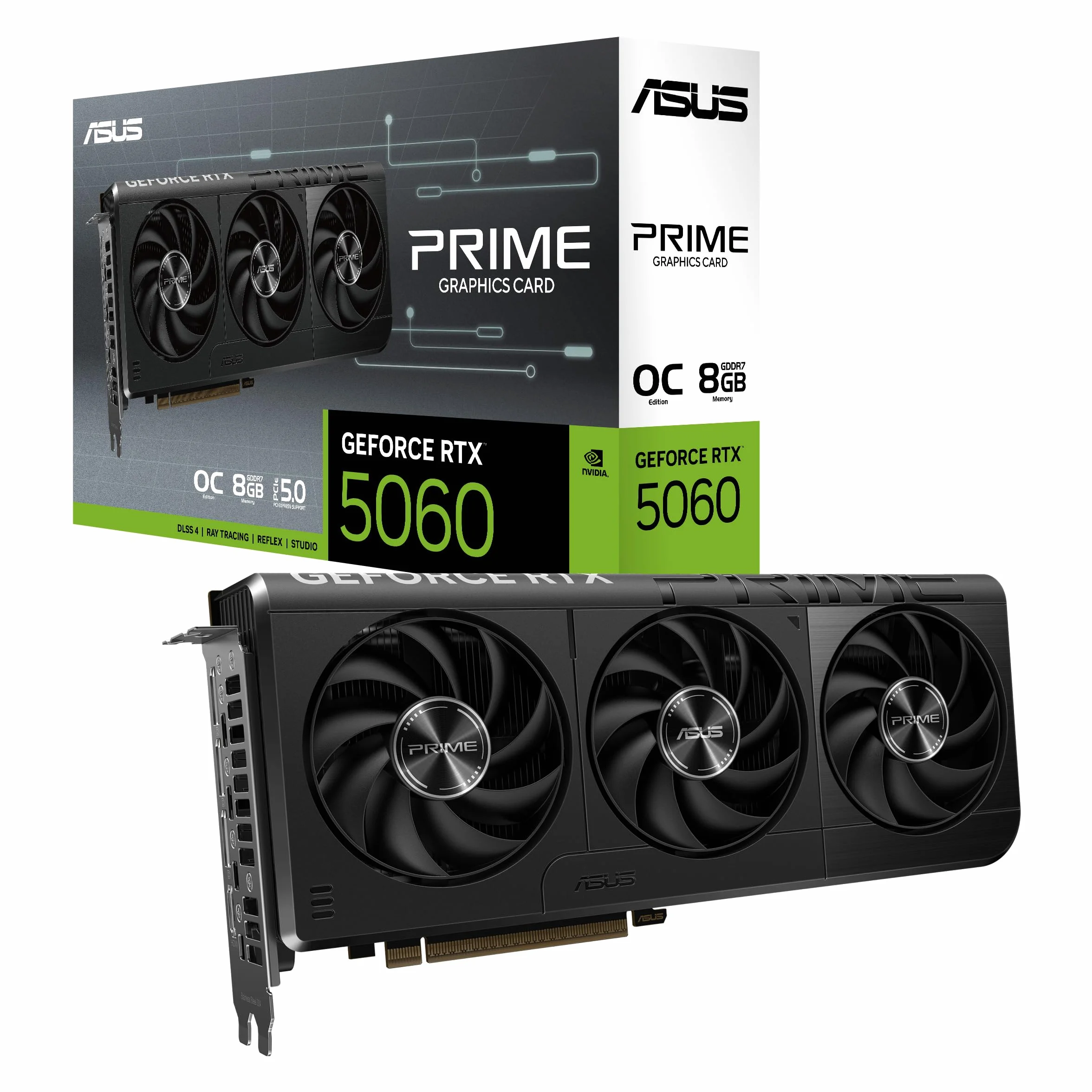 ASUS Prime NVIDIA GeForce RTX 5060 OC Edition, Scheda Grafica 8 GB GDDR7, 128 Bit, PCIe 5.0, 3 Ventole Axial-Tech, 1 HDMI 2.1, 3 DisplayPort 2.1, GPU Tweak III, Nera, PRIME-RTX5060-O8G