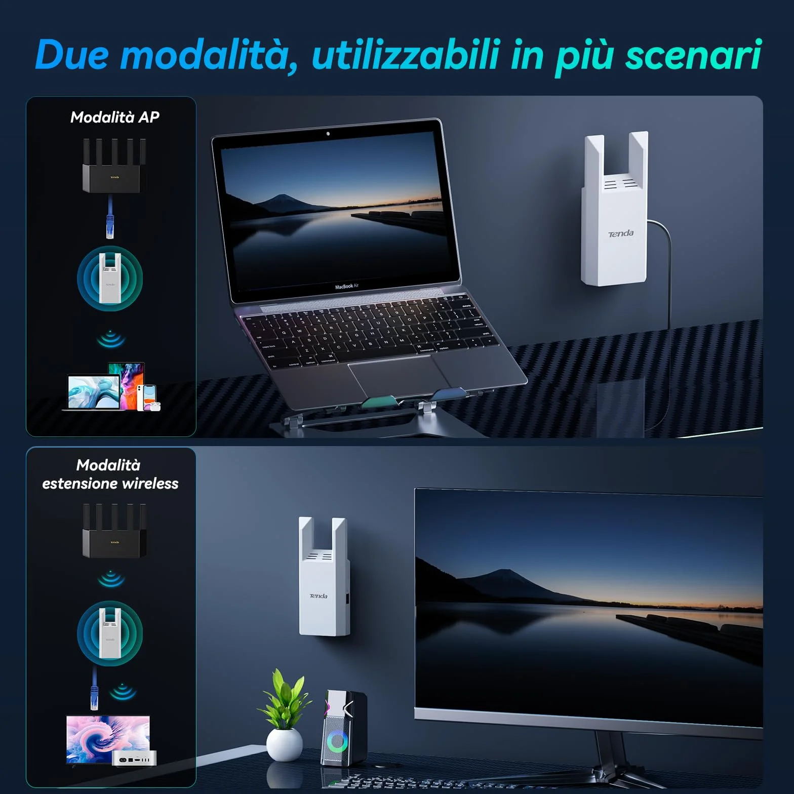 Tenda A18 Pro Ripetitore Wi-Fi Dual Band AC1200 Mbps, Funzionalità Extender e Access Point 5GHz/2.4GHz con Porta Gigabit LAN, LED Segnale Intelligente, Pulsante WPS, Sicurezza WPA2, Controllo via App