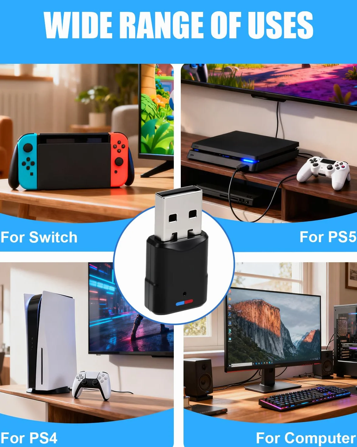 Adattatore USB Bluetooth 5.3 per PS4/PS5/PC/Switch Console, Audio Dongle Bluetooth 5.3 Chiavetta Adattatore USB 3 Mbit/s Trasmettitore Ricevitore Bluetooth Bassa Latenza per Windows/Cuffie