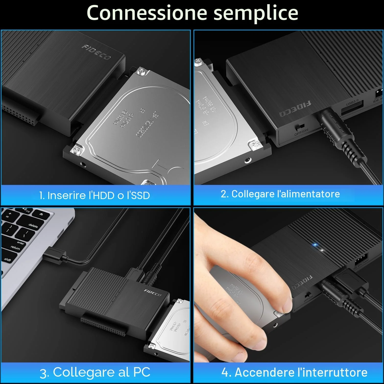 FIDECO Adattatore Disco Rigido USB 3.0 per 2.5"/ 3.5" HDD/SSD, convertitore SATA e IDE con alimentazione DC 12V 2A